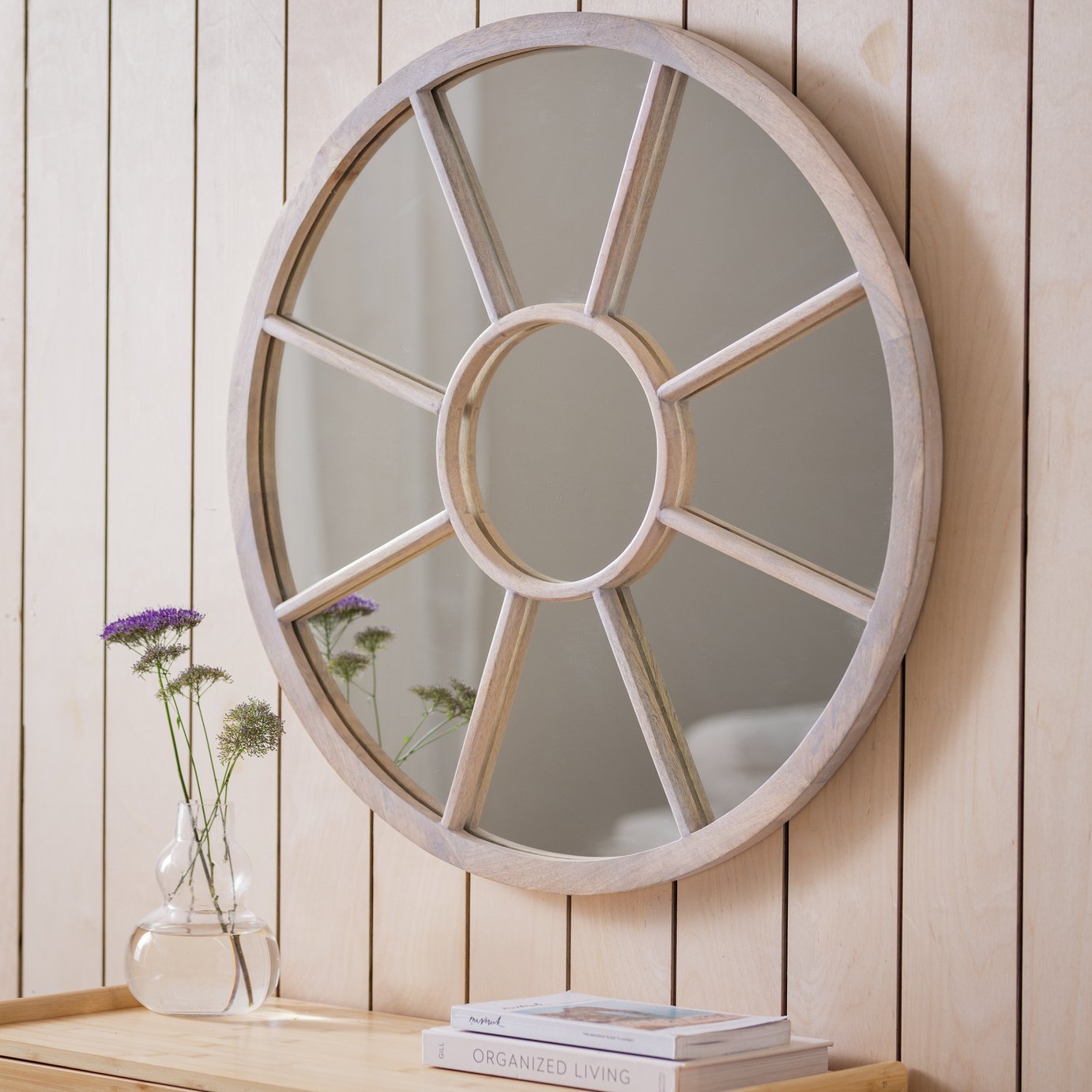Habitat White Wood Stain Window Round Wall Mirror - 70x70cm