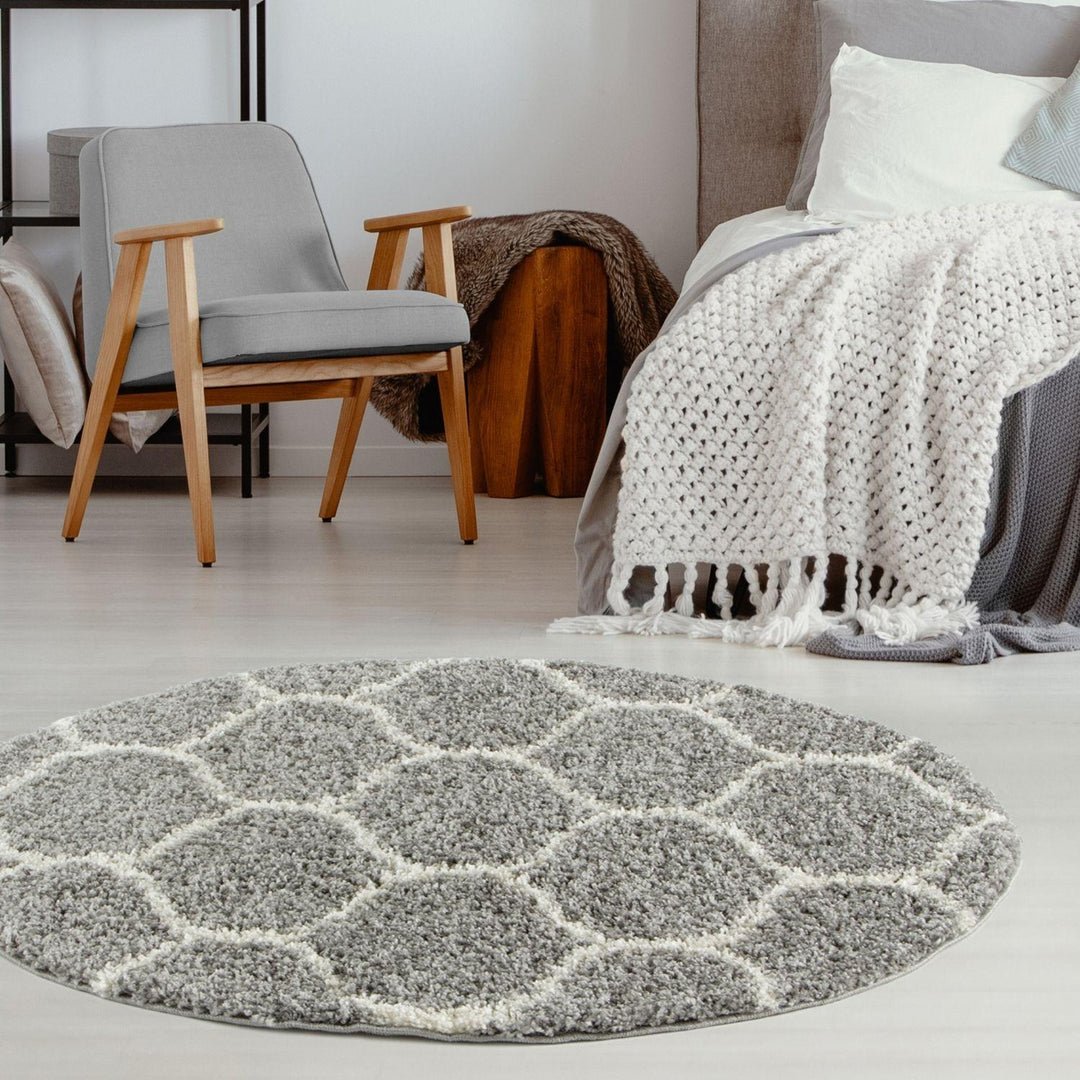 The Rugs Grey Moroccan Shaggy Trellis Round Rug - 120cm