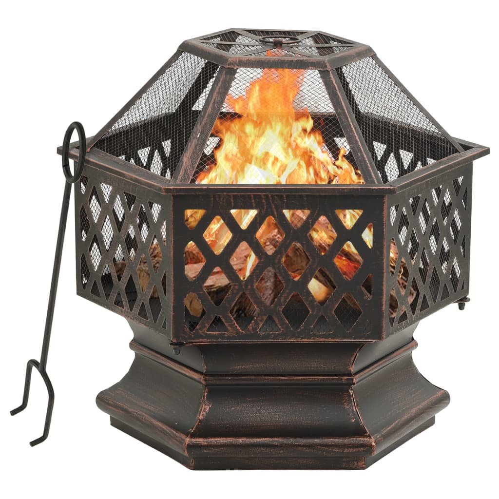 Walplus Steel Rustic Fire Pit with Poker XXL - Black and Brown - 62 x 54 x 56 cm