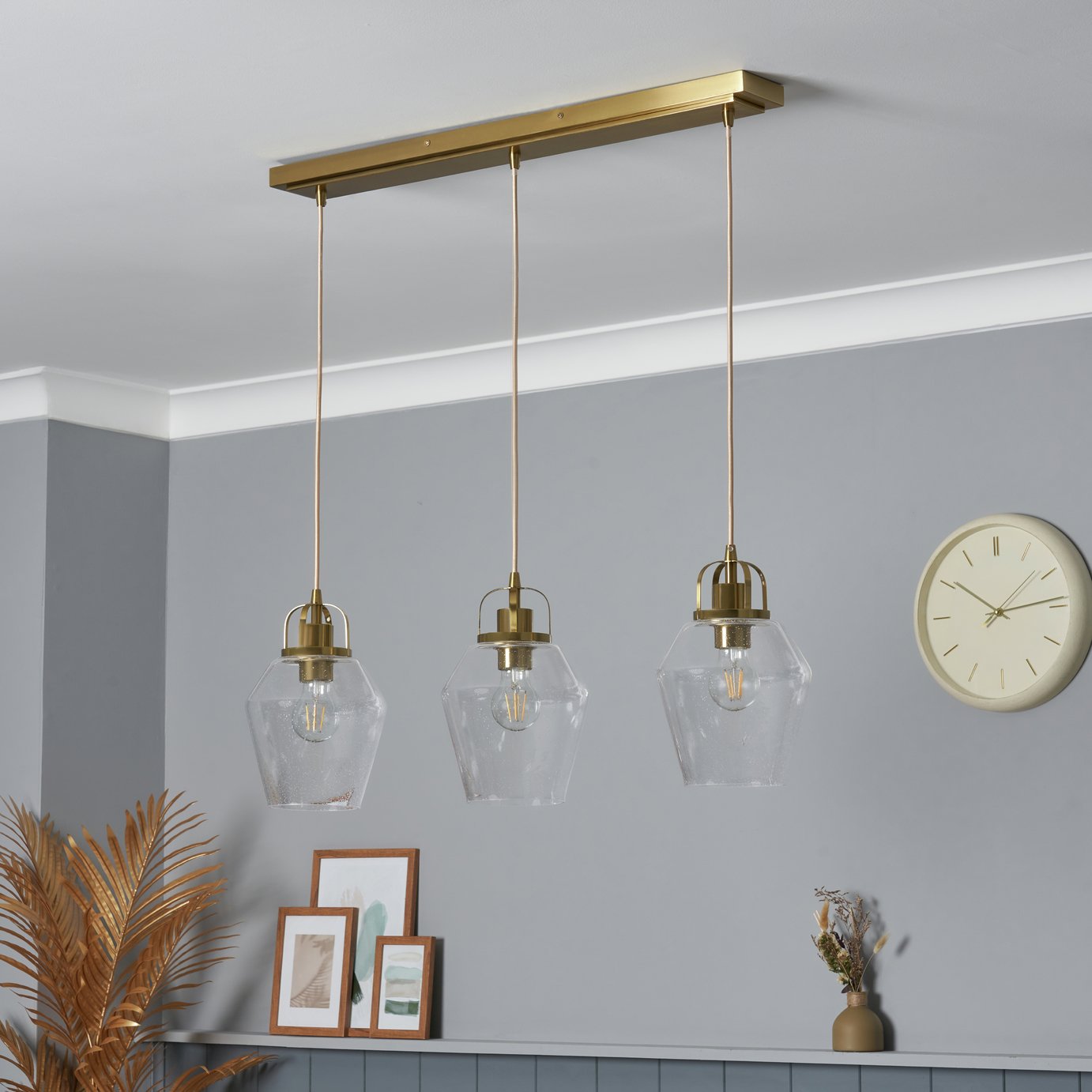 BHS Leni Bubble Glass 3 Light Pendant Bar Light - Brass