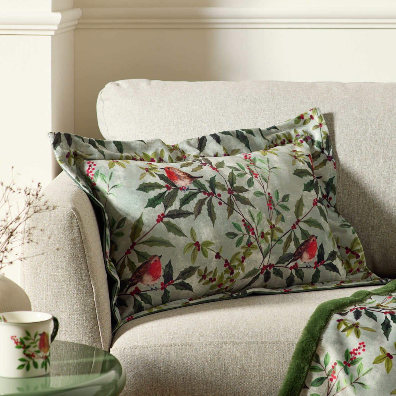 Argos Home Robin Velvet Cushion - Sage Green - 50x30cm