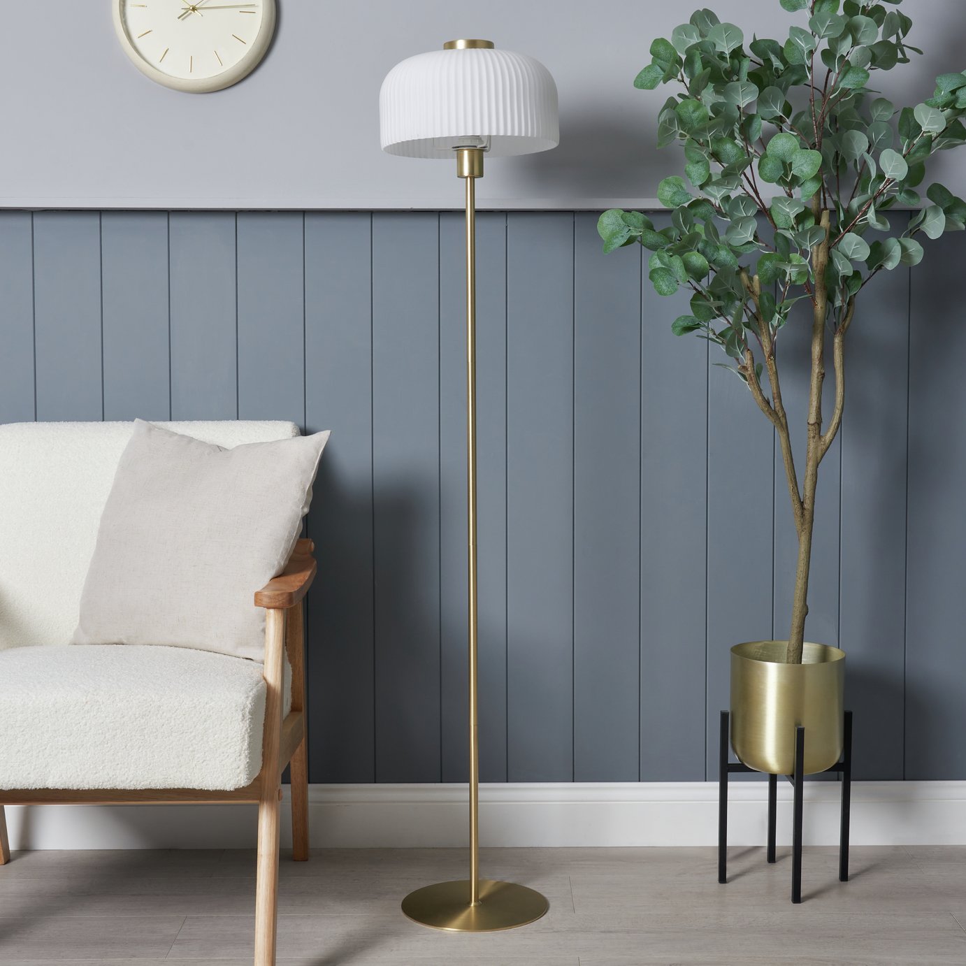 BHS Reed Metal Floor Lamp - Brass & White