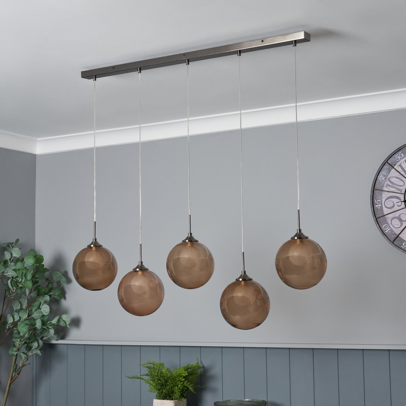 BHS Spheri Glass 5 Light Pendant Bar Light - Mink & Nickel