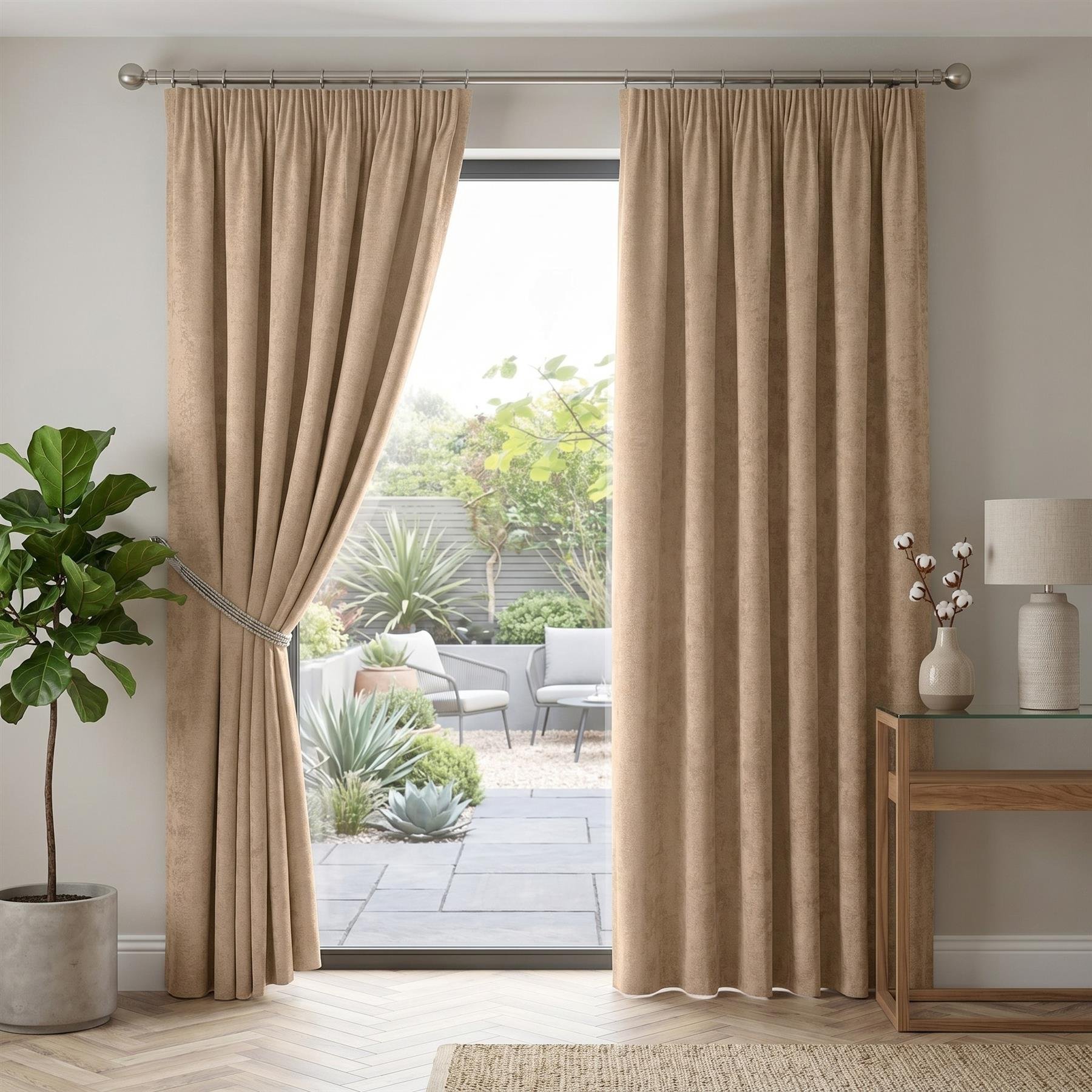 Luxury Living Chenille Blackout Pencil Pleat Curtains 117cm x 137cm - Beige