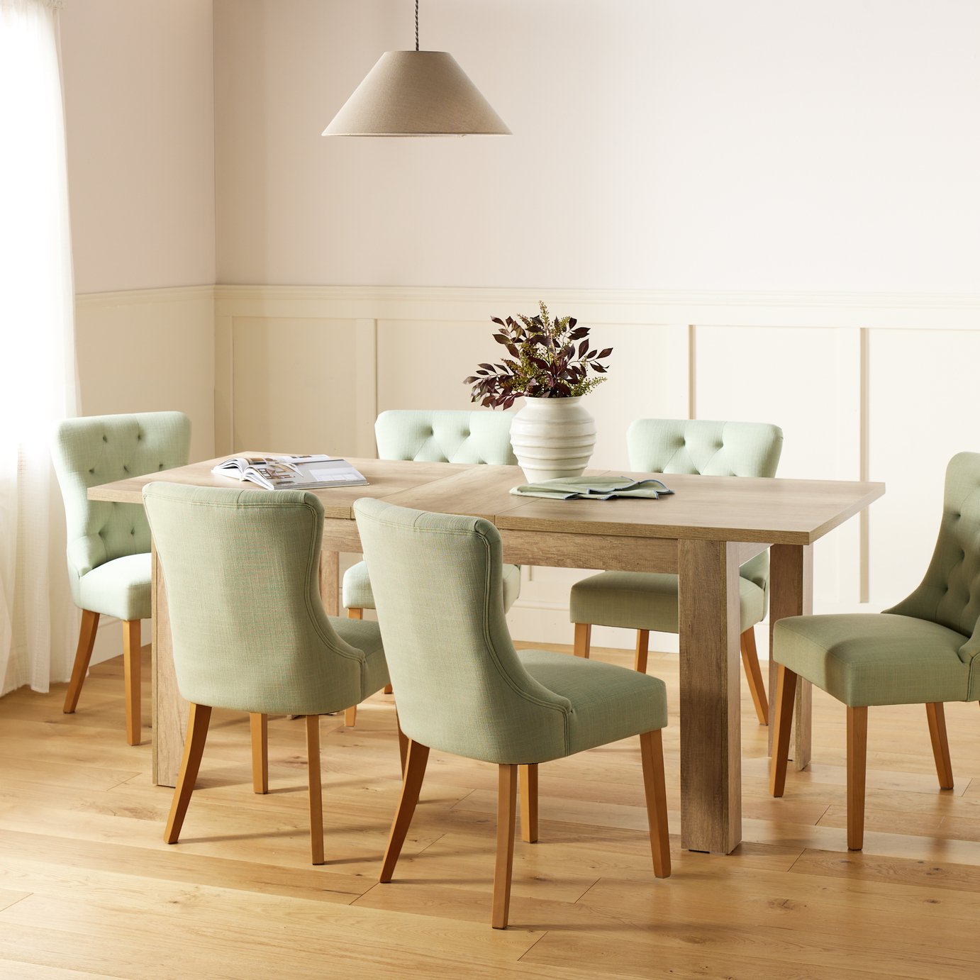 Argos Home Preston Extend Oak Dining Table & 6 Green Chairs