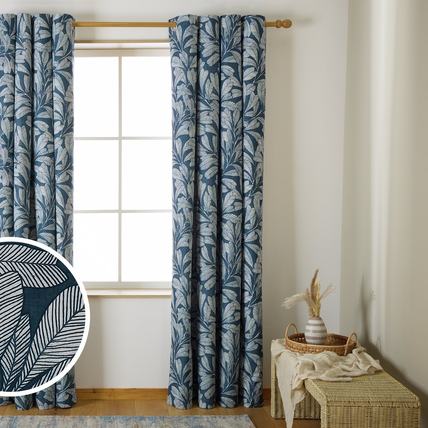 Habitat Leaf Blackout Eyelet Curtains - Blue - 168x183cm