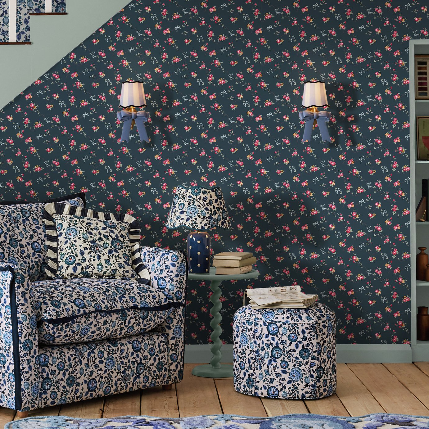 Cath Kidston Rose & Bows Navy Blue Wallpaper