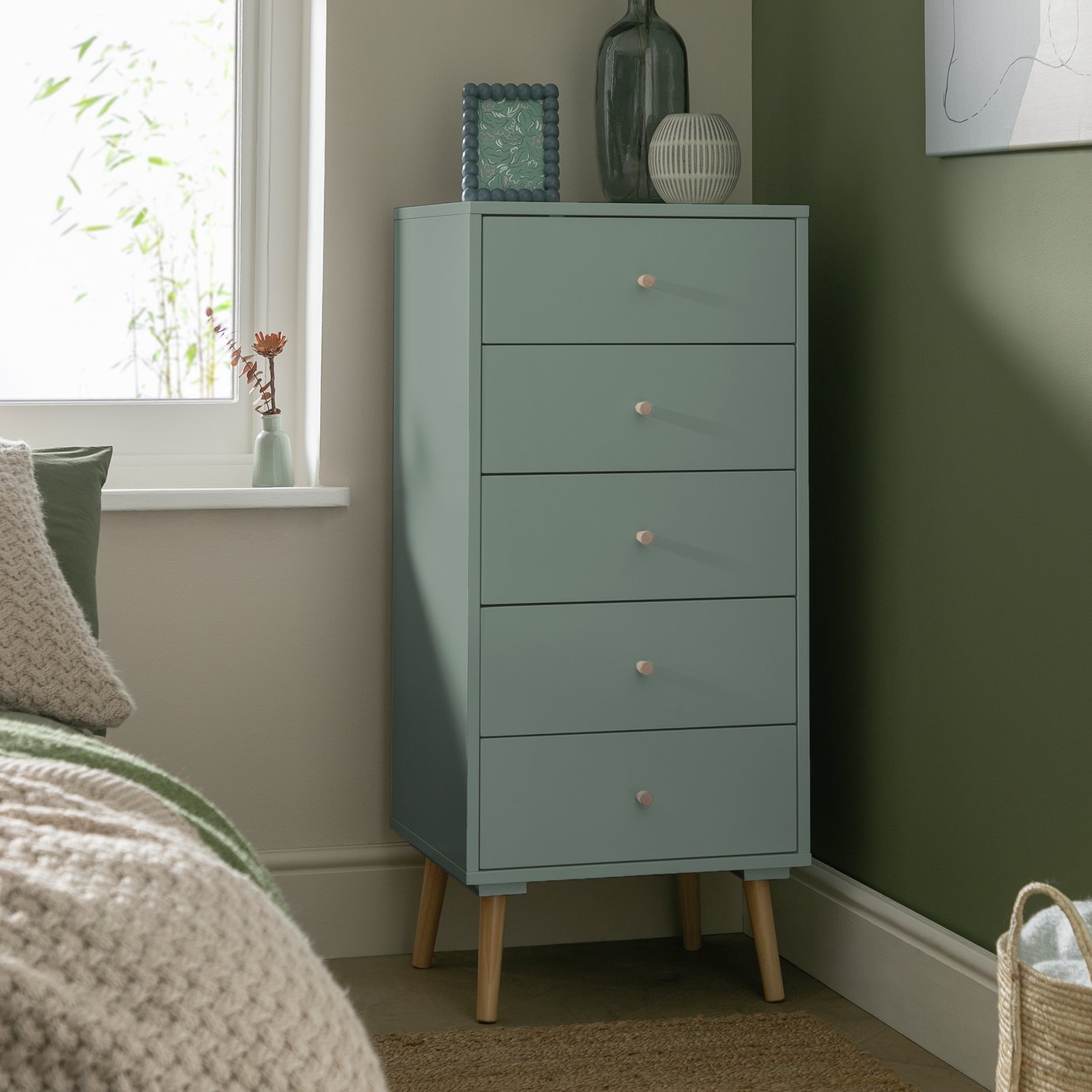 Habitat Otto 5 Drawer Tallboy - Sage Green