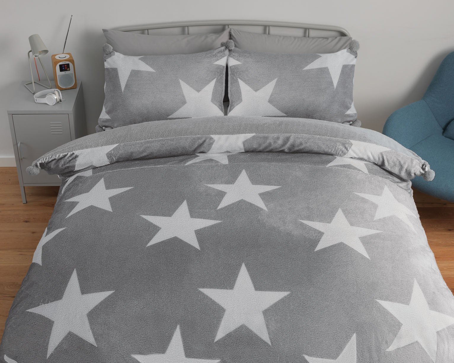 Argos Home Fleece Stars Grey & White Bedding Set - Superking