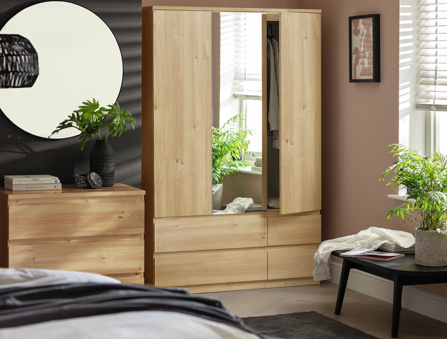 Argos Home Jenson 3 Door 4 Drawer Mirror Wardrobe - New Oak