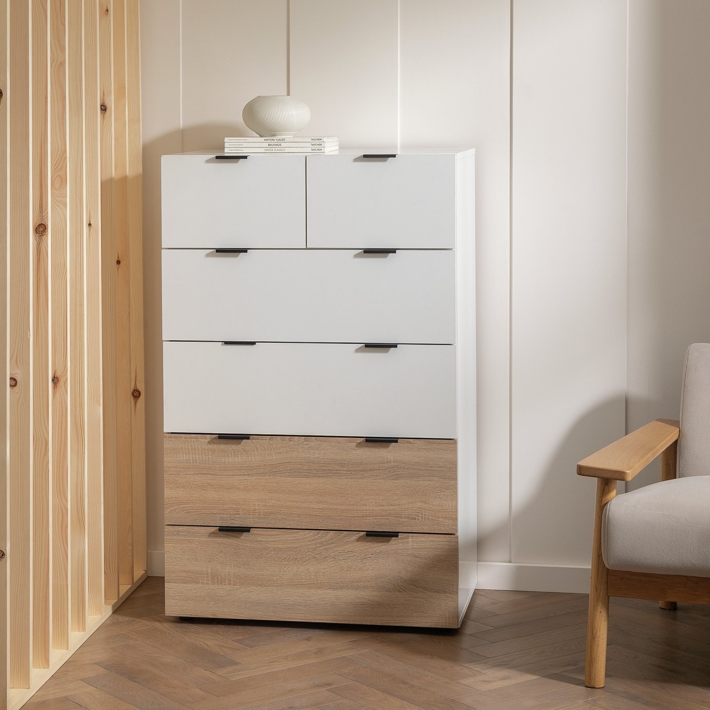 Argos Home Zeke 6 Drawer Tallboy - White & Oak