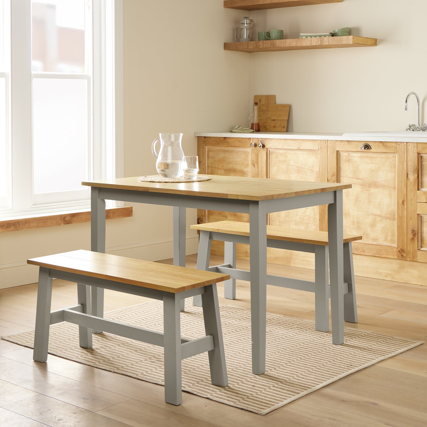 Argos Home Chicago Grey Dining Table & 2 Grey Benches