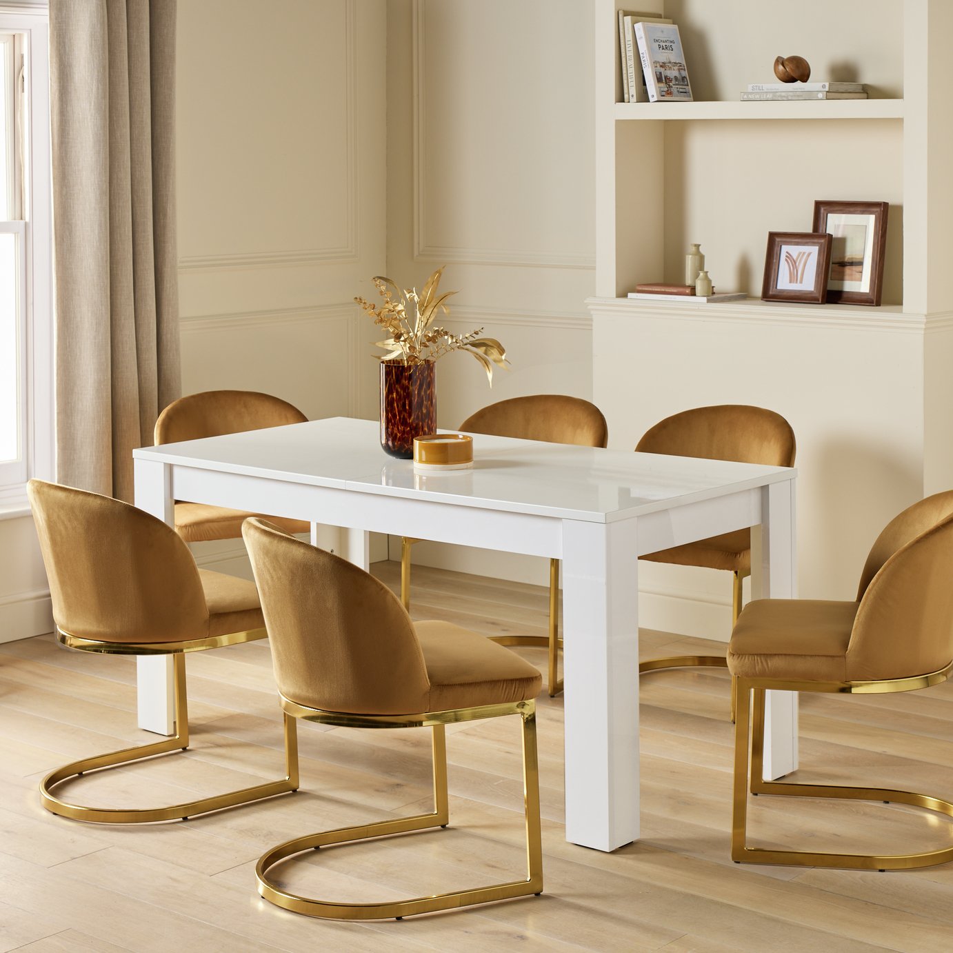 Argos Home Miami Extend White Dining Table & 6 Camel Chairs