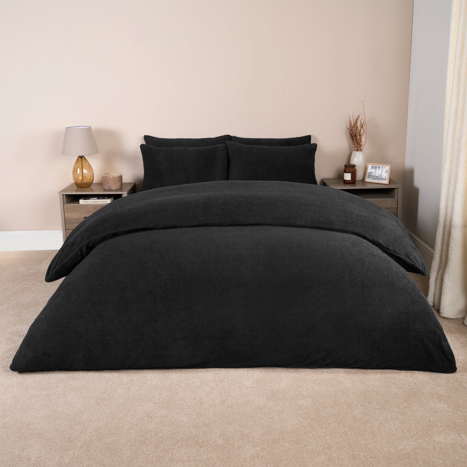 OHS Thermal Soft Teddy Fleece Duvet Cover Bedding Set Black - Double
