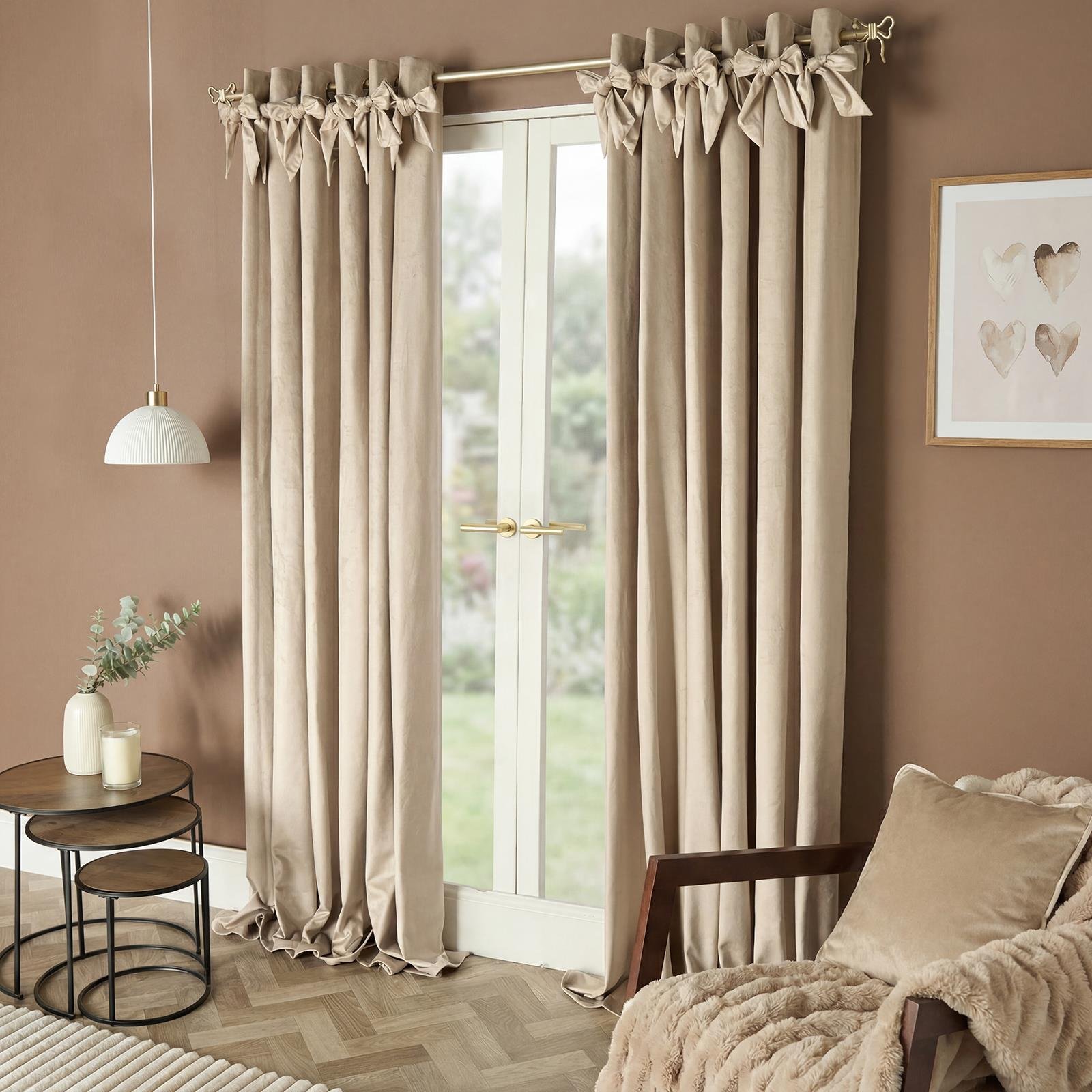 OHS Bow Décor Velvet Eyelet Curtains - 168 x 229cm - Natural