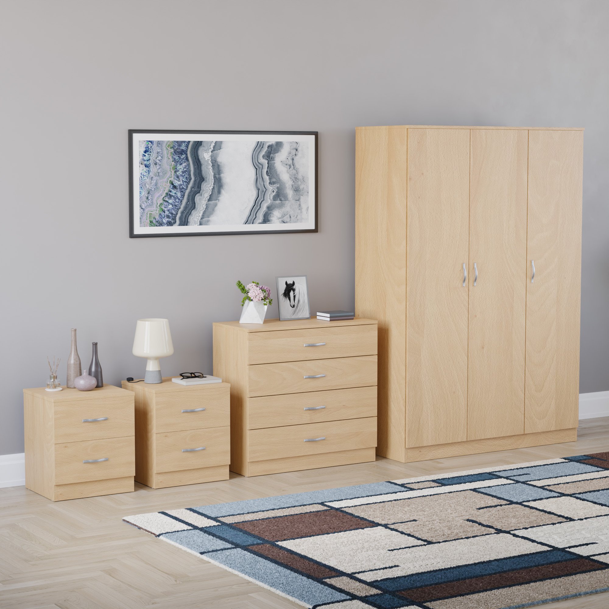 Vida Designs Riano Bedroom Set (Bedsides, 4 Drawer Chest, 3 Door Wardrobe)- Pine