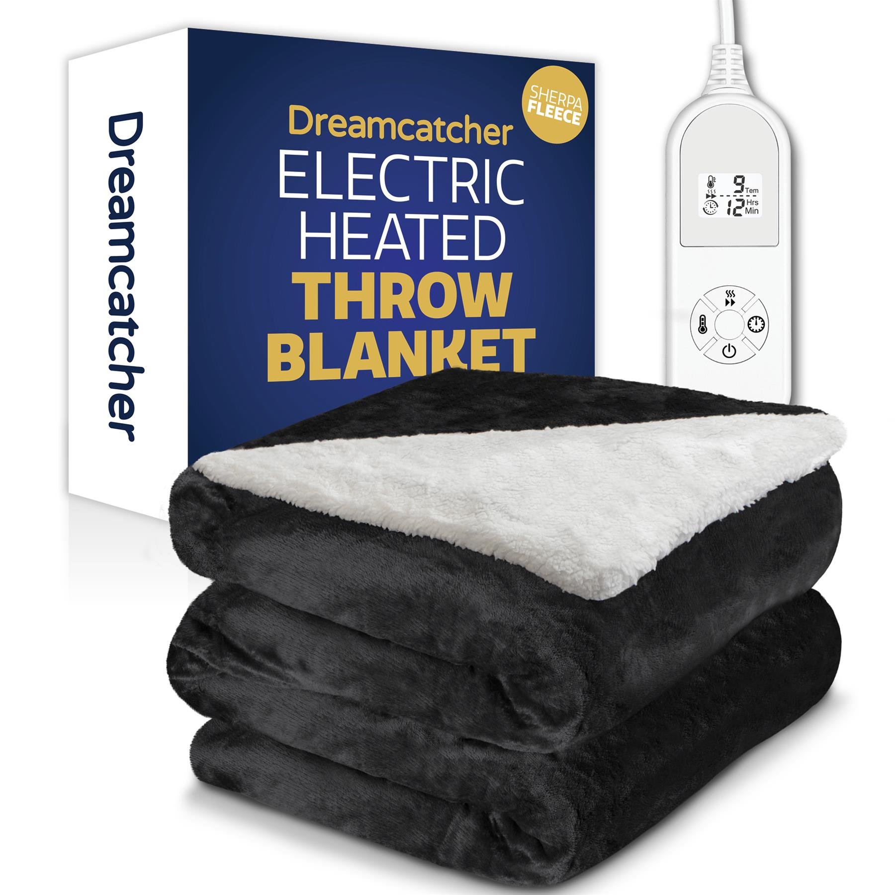 Dreamcatcher Sherpa Polyester Heated Throw Electric Blanket 160 x 120cm - Black