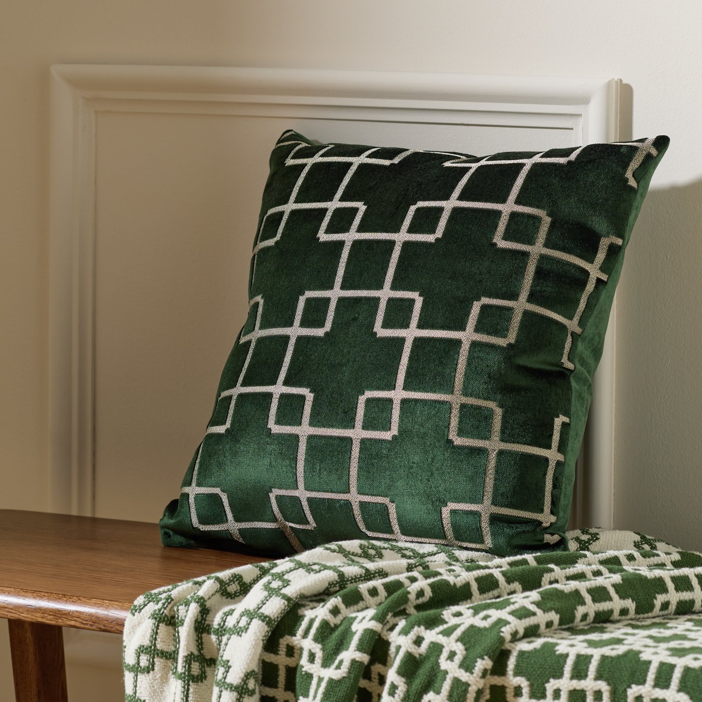 Habitat Geo Velvet Jacquard Cushion - Green - 43x43cm