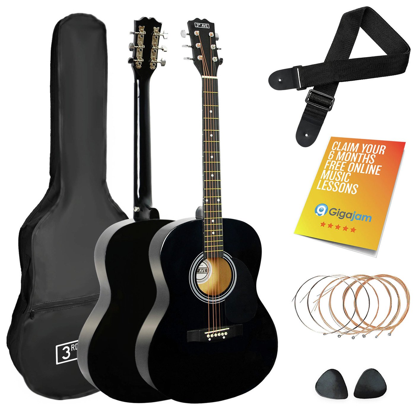 3rd Avenue Full Size Acoustic Guitar Bundle - Black