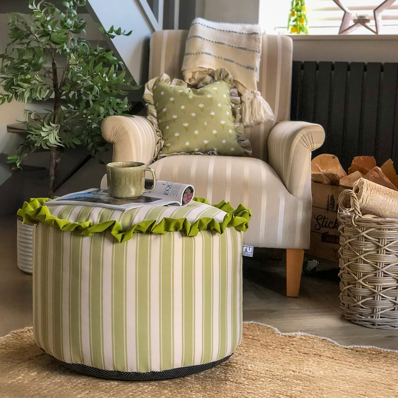 rucomfy Fabric Pouffe - Green & White
