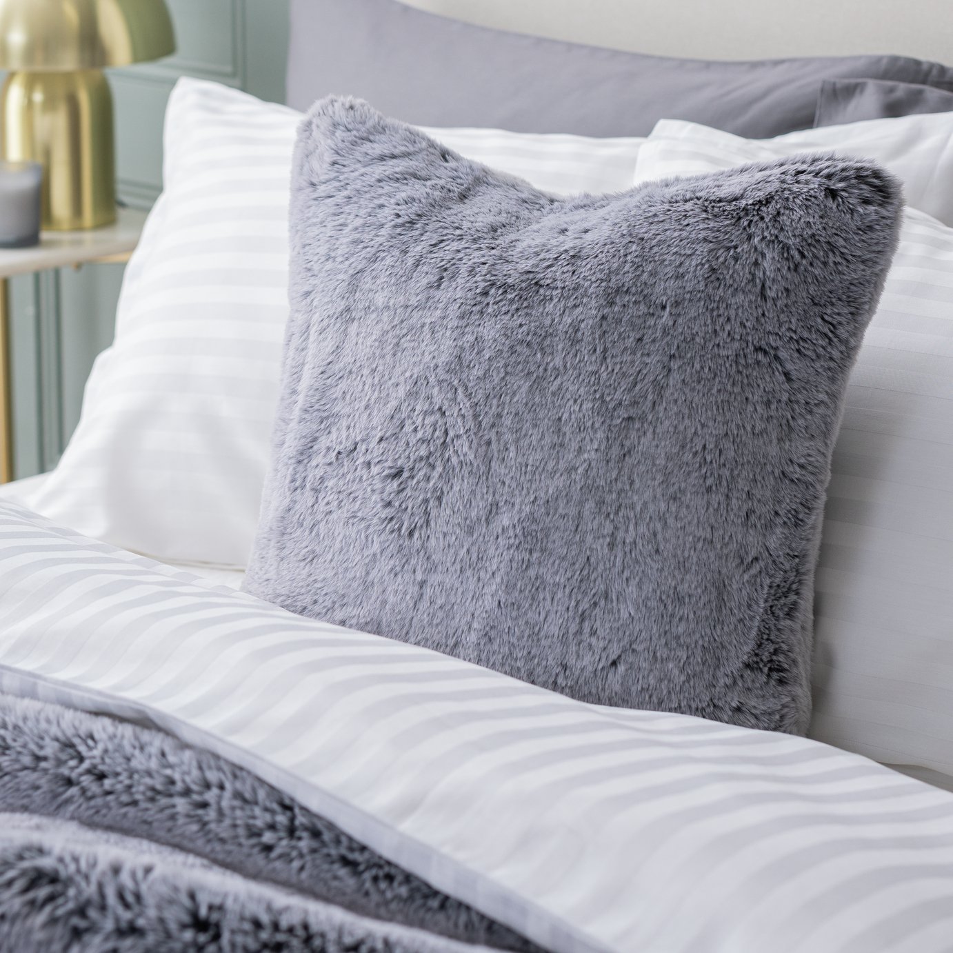 Habitat Faux Fur Tipped Cushion - Charcoal - 43x43cm