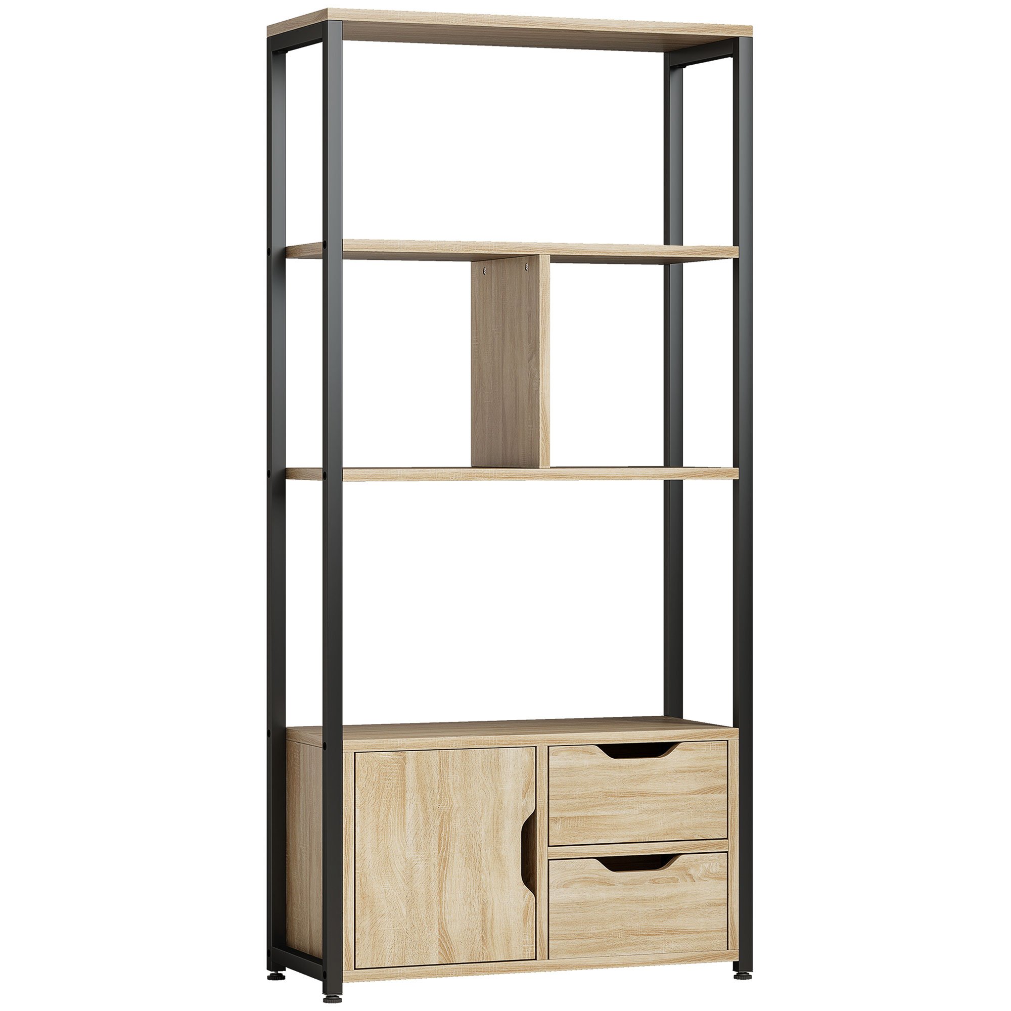 HOMCOM 4-Tier Industrial Bookshelf with Drawers - Natural Wood