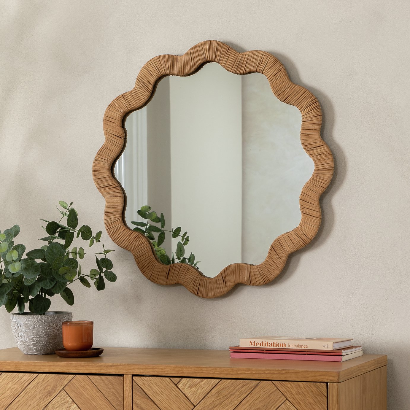 Habitat Rattan Round Wavy Wall Mirror - 60x60cm