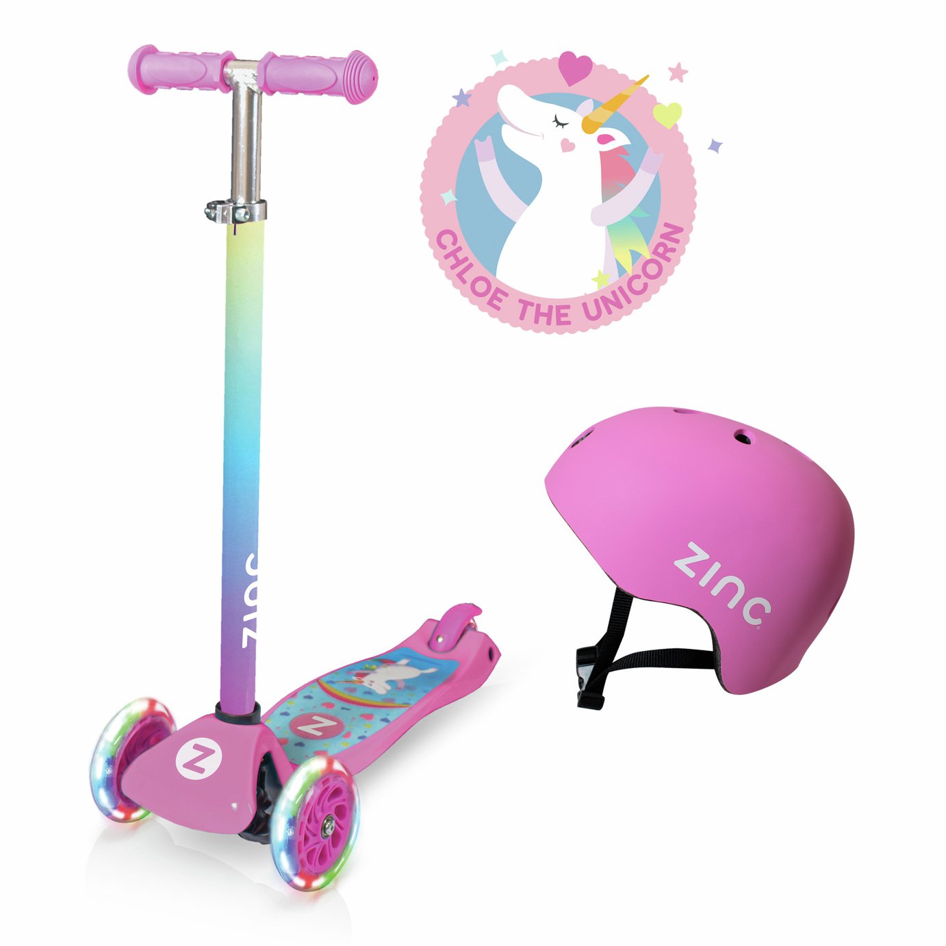 Zinc Combo : 3 Wheel Unicorn Scooter & Helmet