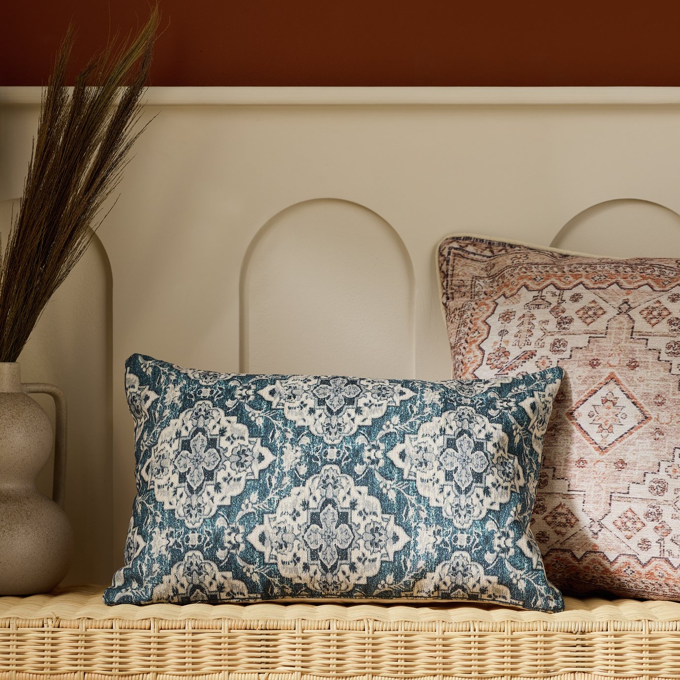 Habitat Chenille Tapestry Print Cushion - Blue - 30x50cm