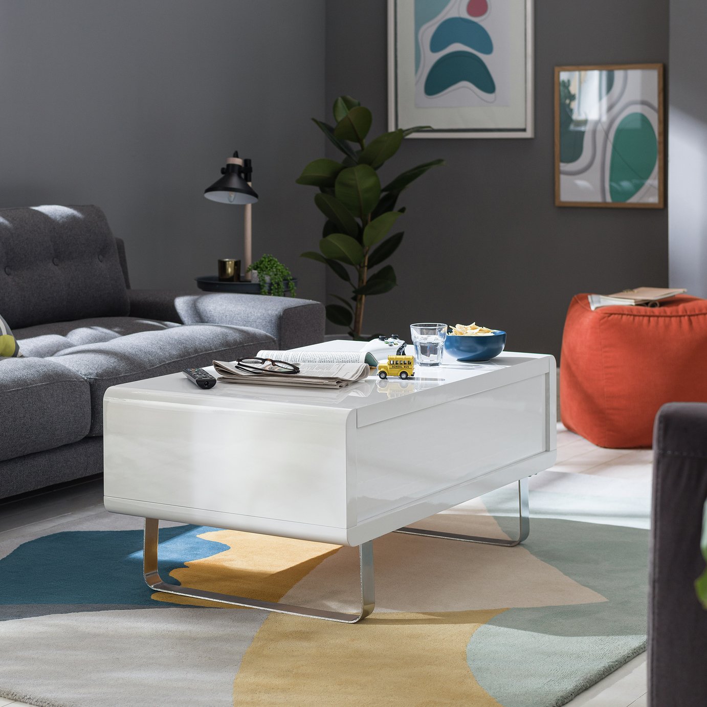 Argos Home Sleigh Gloss Gas Lift Coffee Table - White