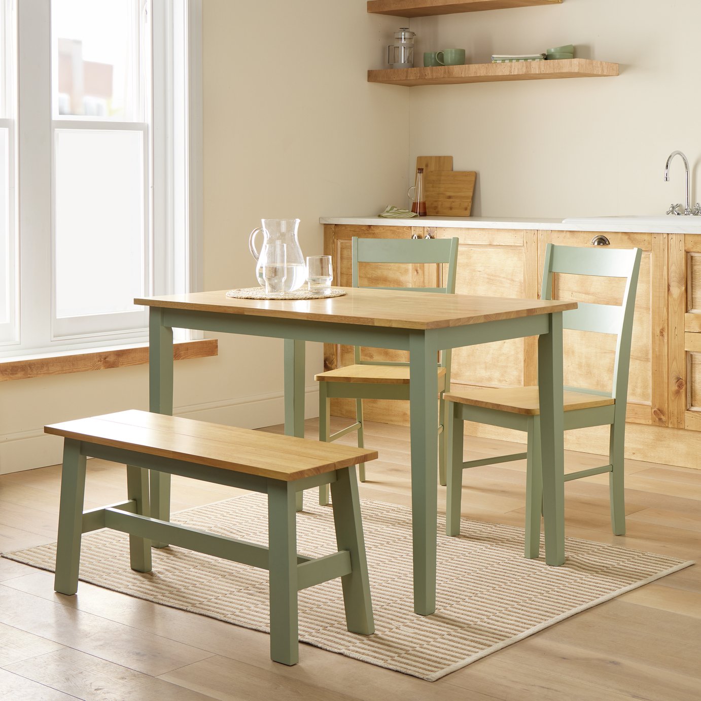 Argos Home Chicago Sage Green Dining Table, Bench & 2 Chairs