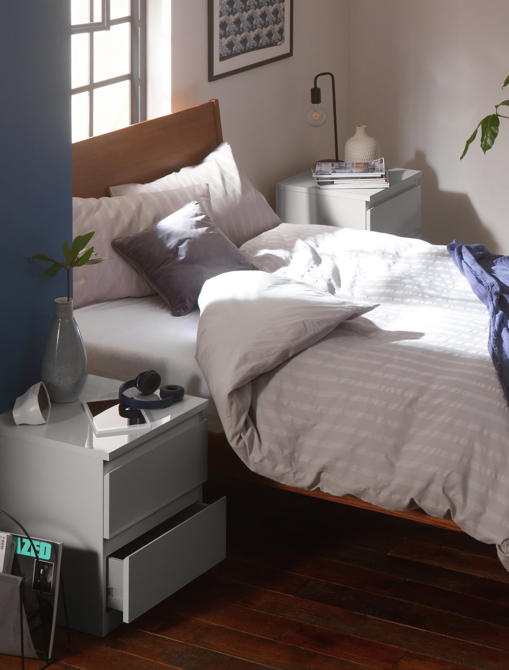 Argos Home Jenson Set of 2 Drawer Bedside Table - Grey Gloss