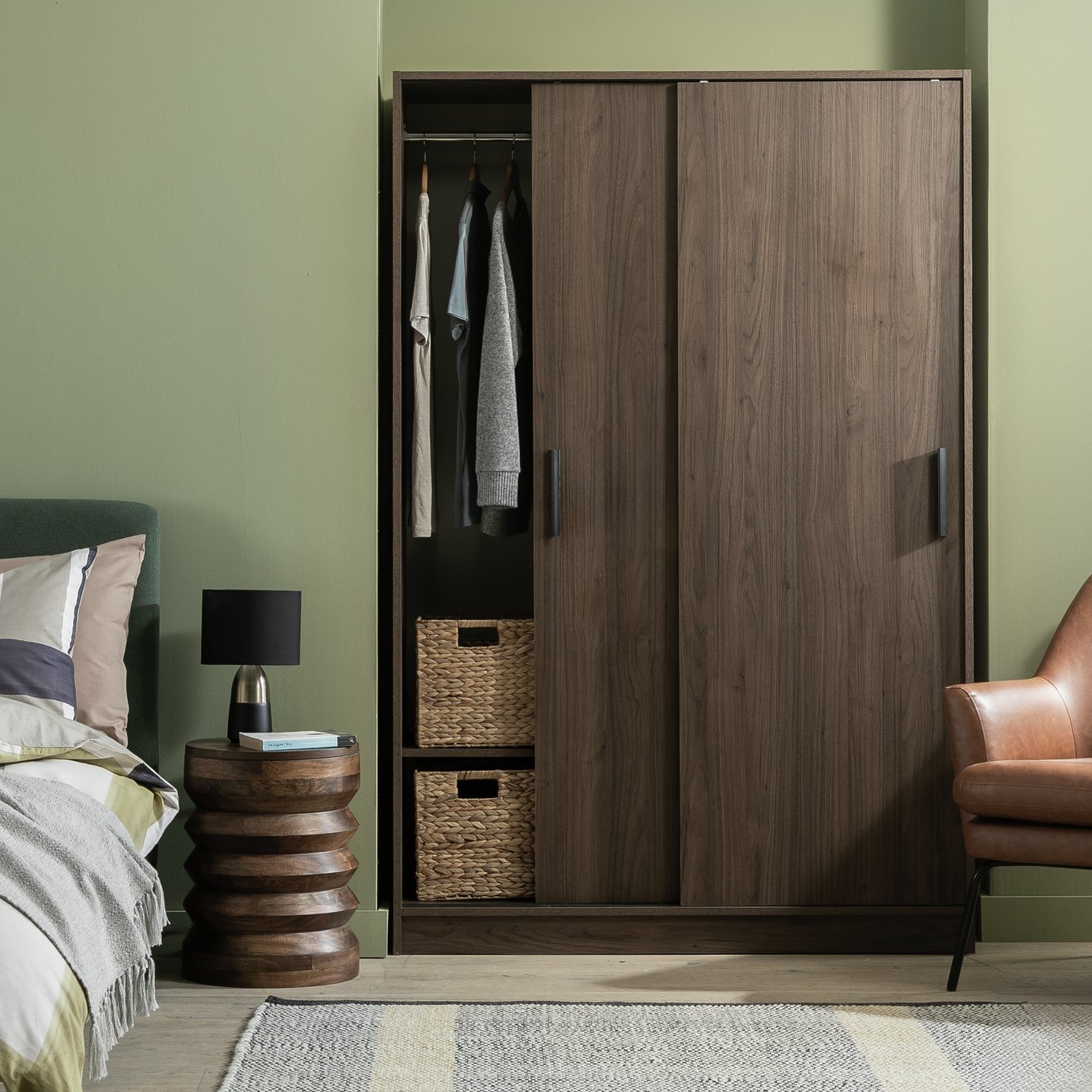 thumbnail image 2 of Arte Povera Classic Dark Walnut 2-Drawer Sliding Door Wardrobe 122x59x200 Cm 2 of 4