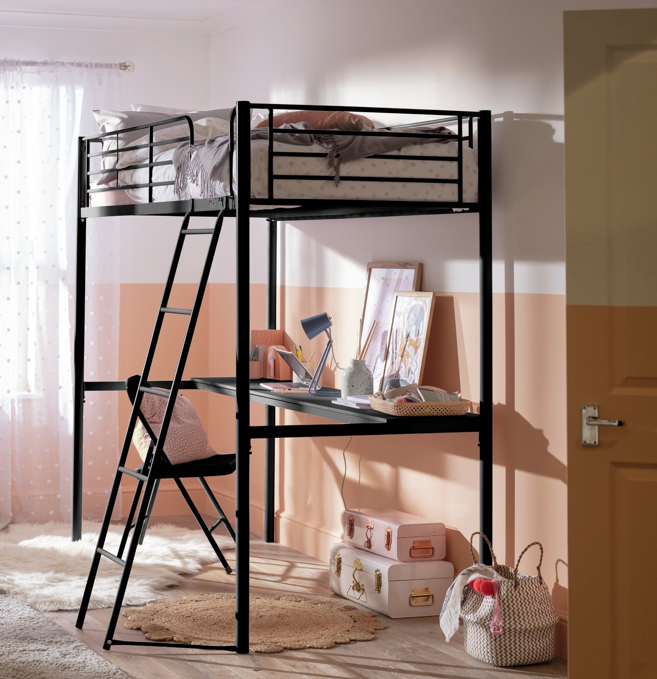 Habitat Riley High Sleeper Metal Bed Frame & Desk-Black