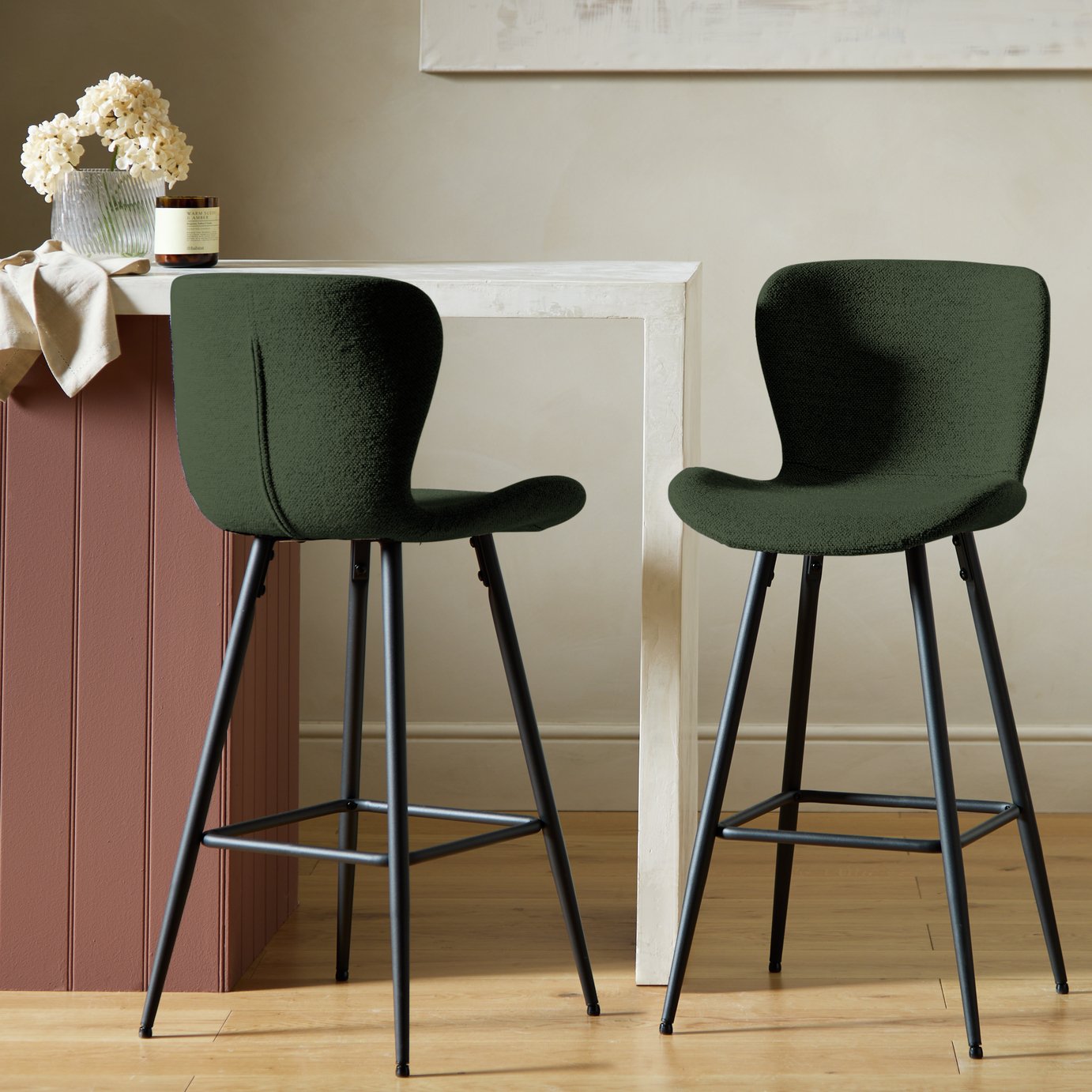 Habitat Etta Pair of Fabric Bar Stools - Green