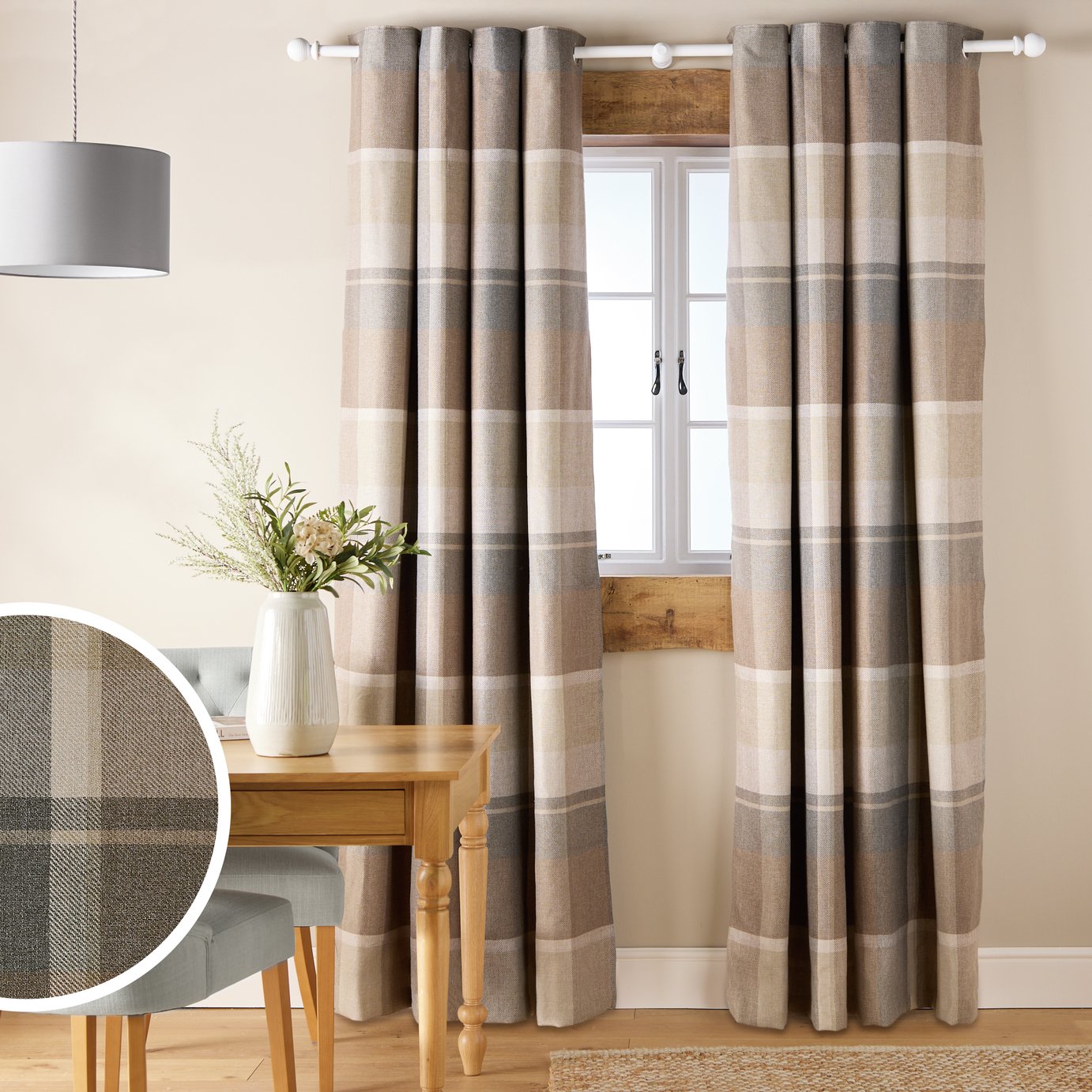 Argos Home Check Blackout Eyelet Curtain - Neutral