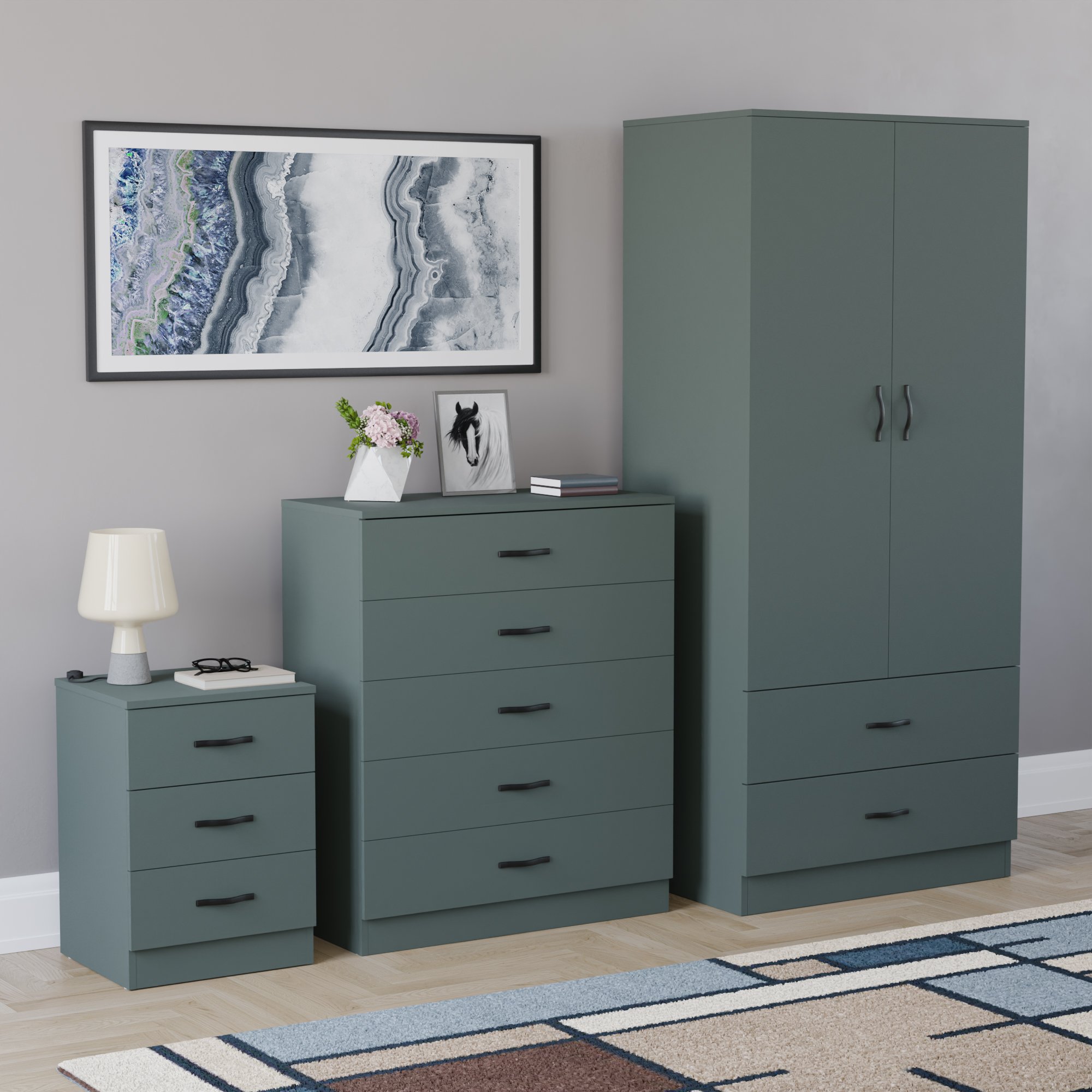 Vida Designs Riano Bedroom Set (Bedside, 5 Drawer Chest, 2x2 Wardrobe) - Green