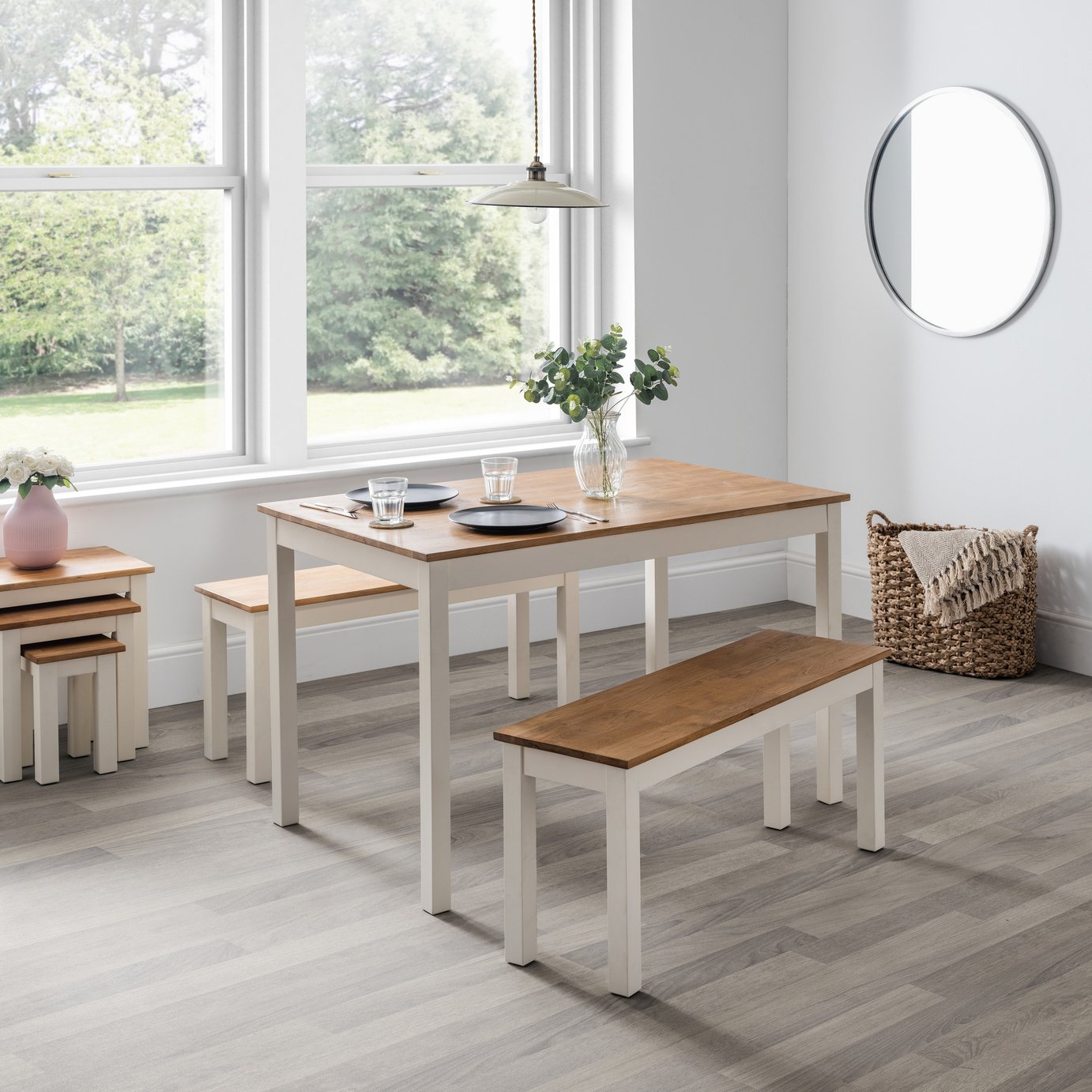 Julian Bowen Coxmoor Ivory Dining Table & 2 Oak Benches