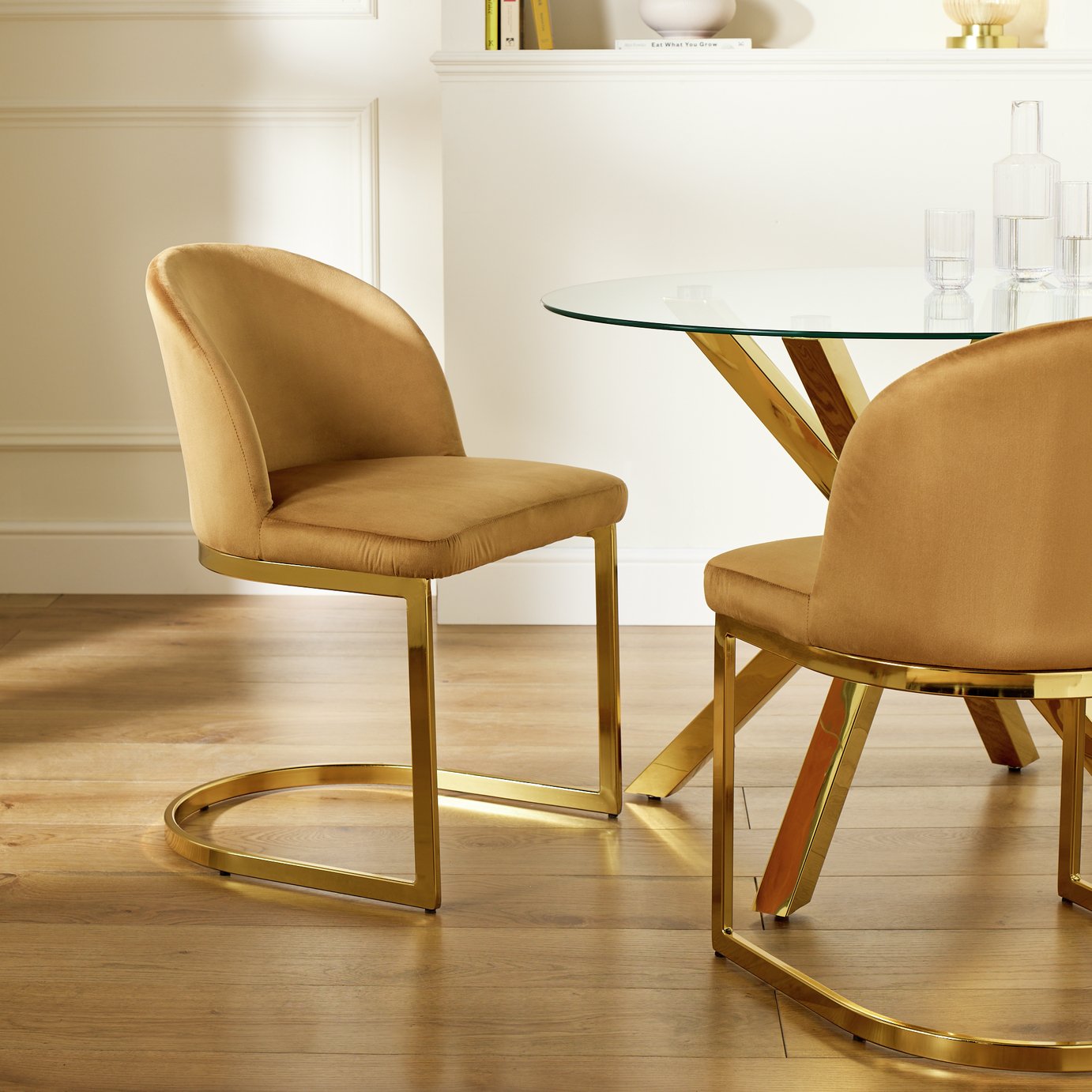 Argos Home Willa Pair of Velvet Dining Chairs - Camel