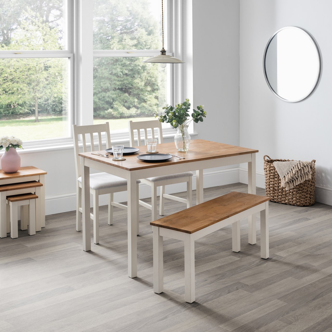 Julian Bowen Coxmoor Oak Dining Table,1 Bench&2 Ivory Chairs