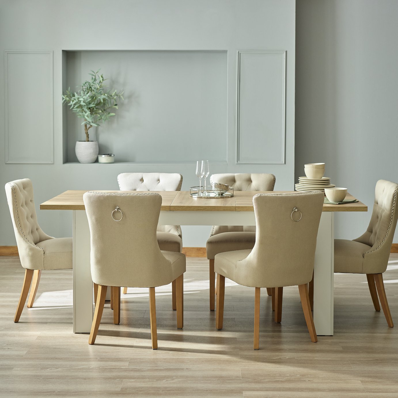 Argos Home Preston Extend Grey Dining Table & 6 Beige Chairs