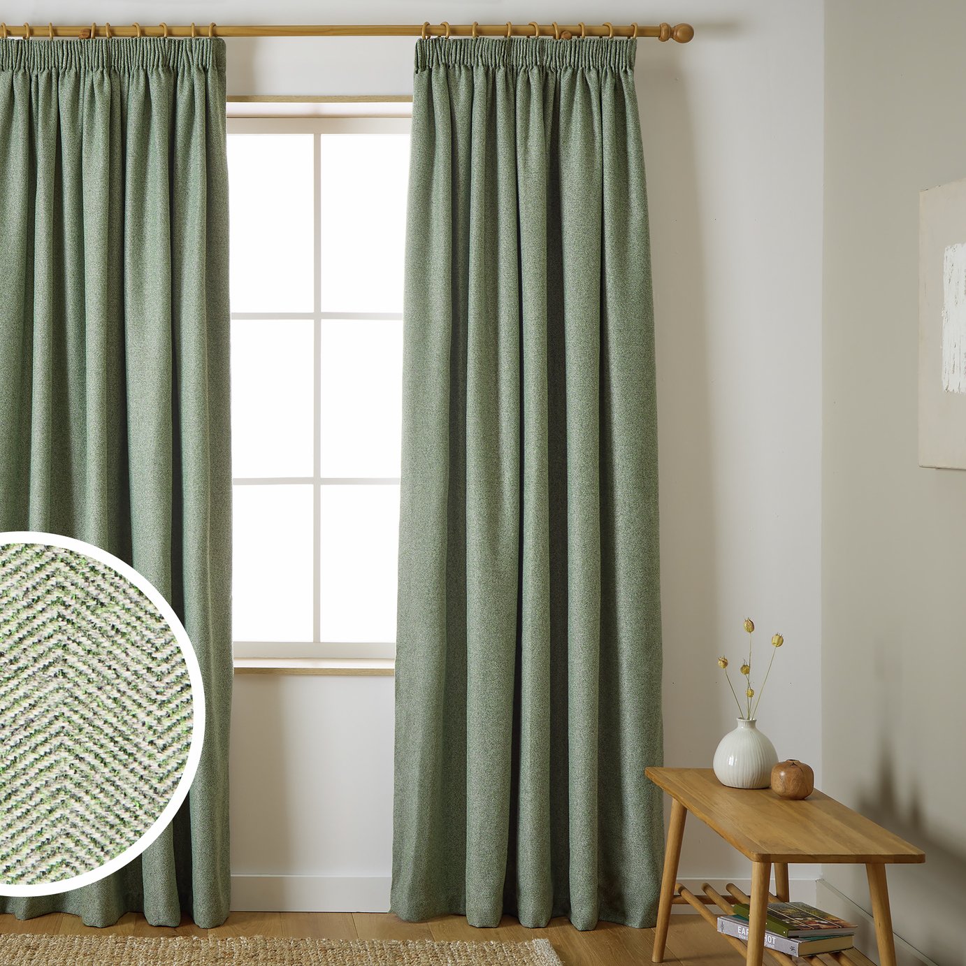 Habitat Herringbone Pencil Pleat Curtains - Green -168x183cm
