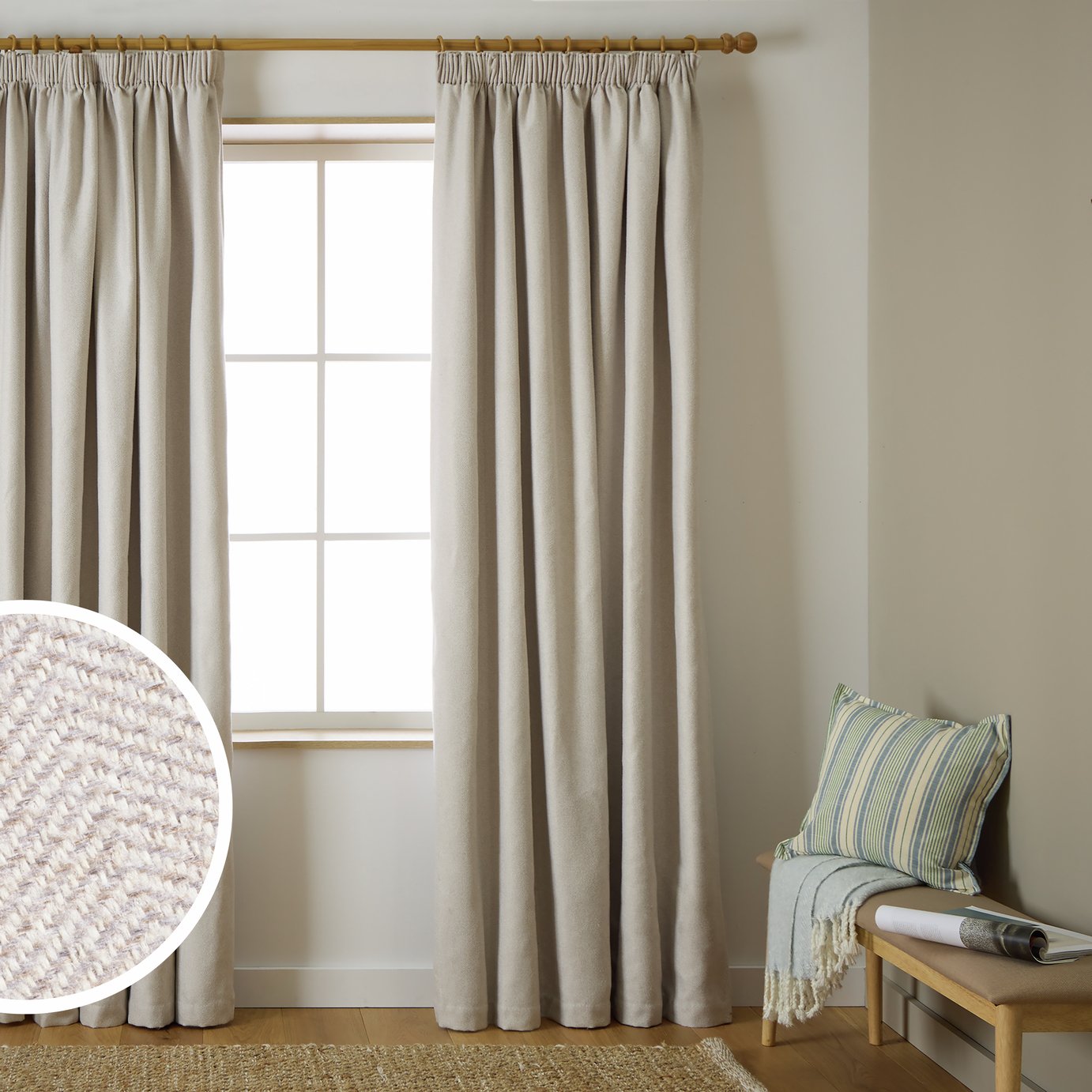 Habitat Herringbone Pencil Pleat Curtain - Cream