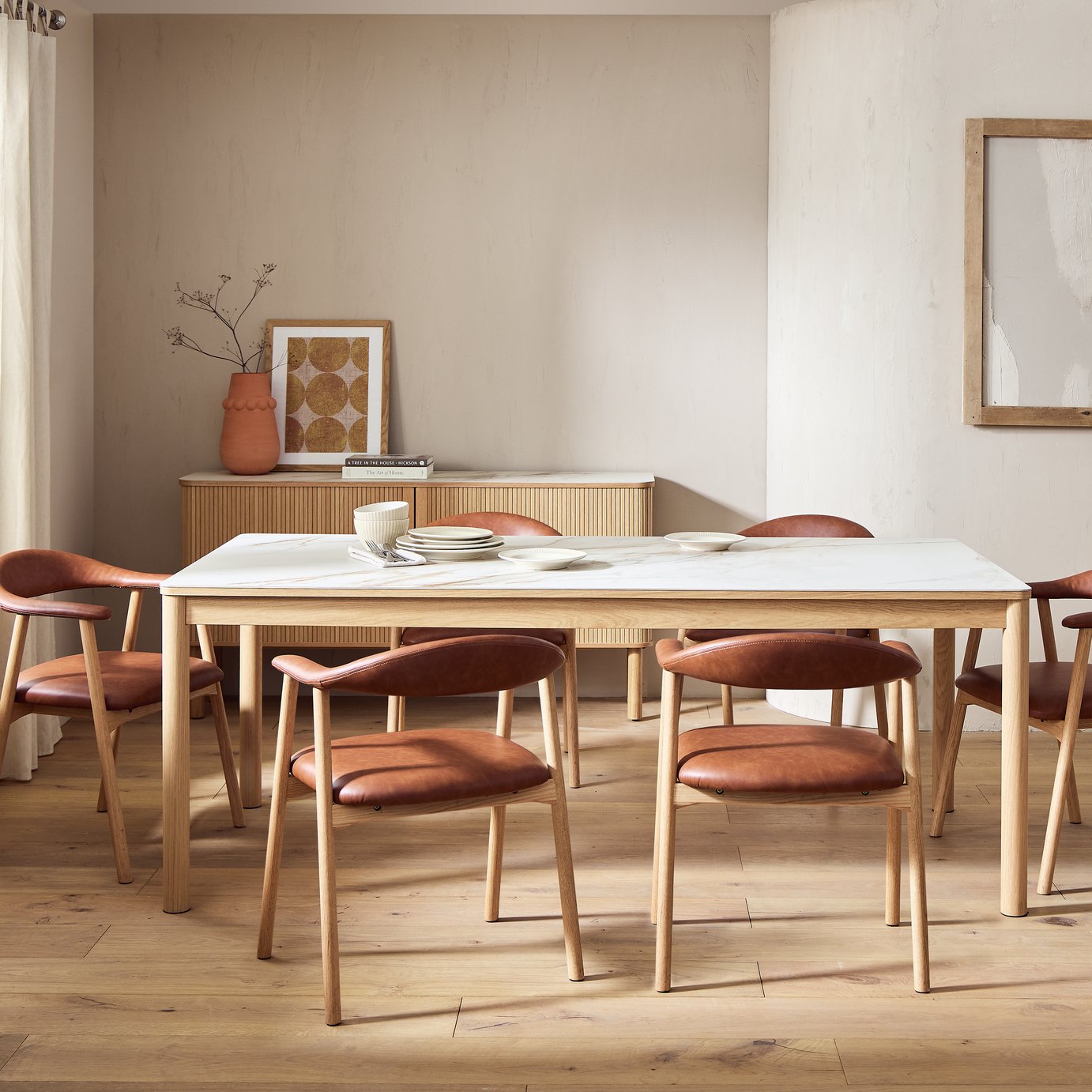 Habitat Lex Oak Dining Table & 6 Tan Chairs