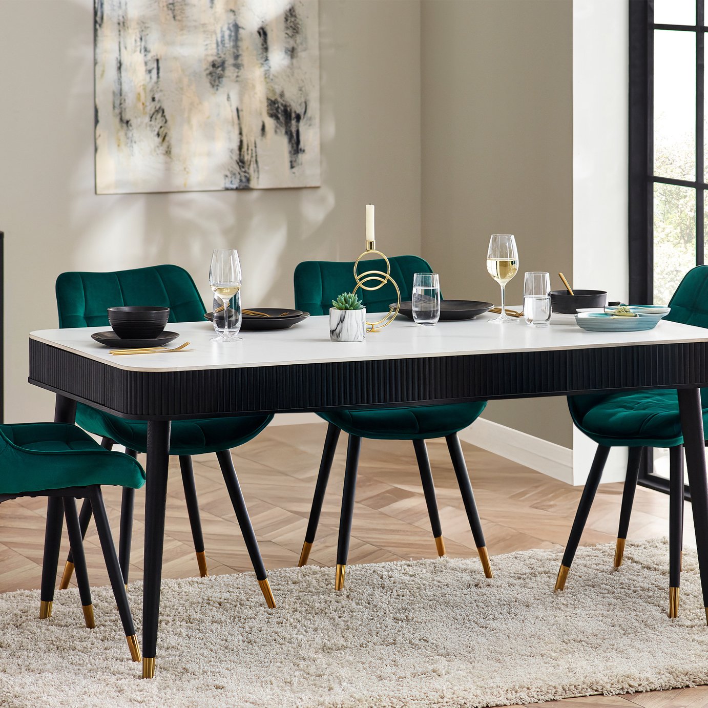 Julian Bowen Louis Marble Effect 6 Seater Dining Table-Black