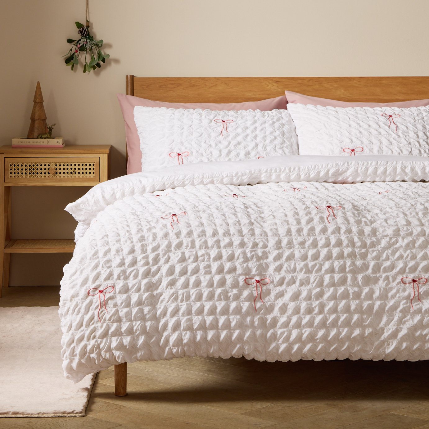 Argos Home Emb Bows White Bedding Set - Superking