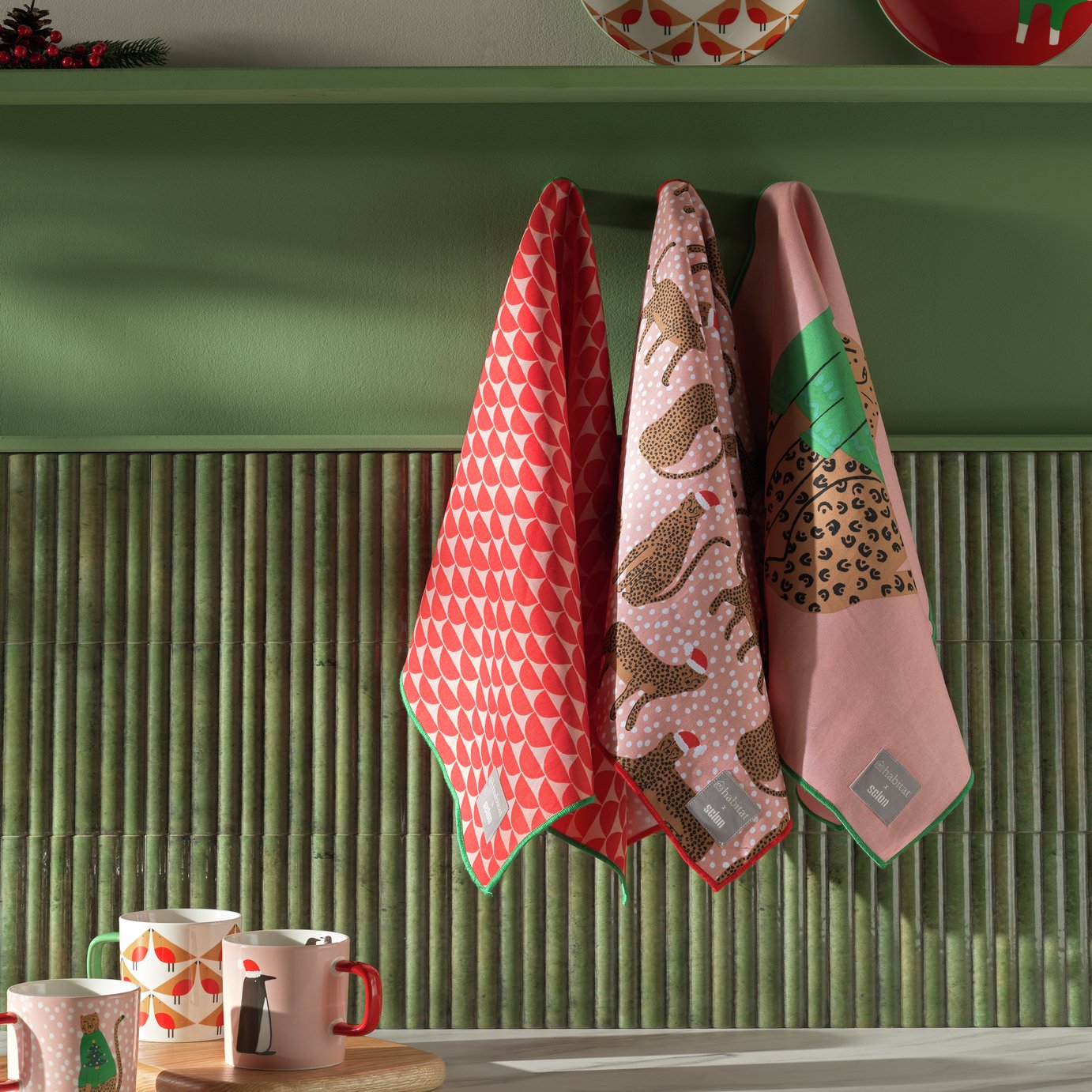 Habitat x Scion Christmas Lionel Pack of 3 Tea Towels