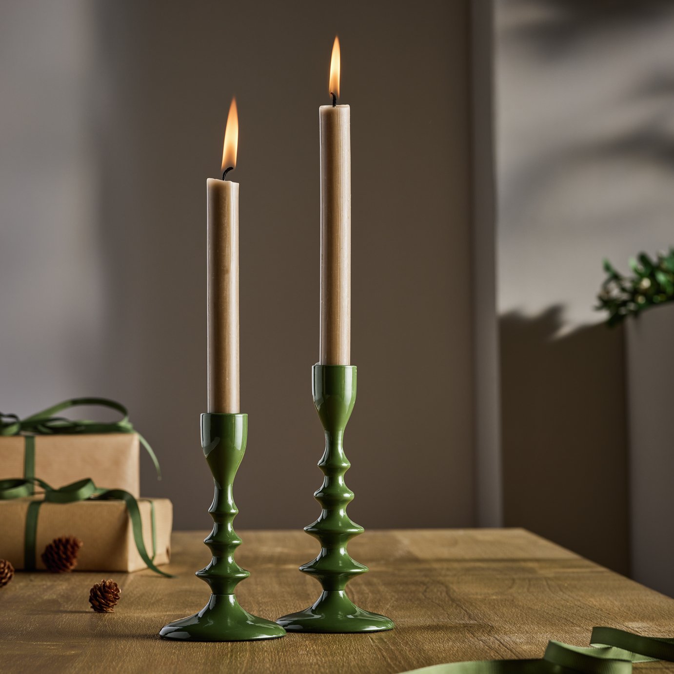 Habitat Lacquered Green Candle Sticks -  Set of 2