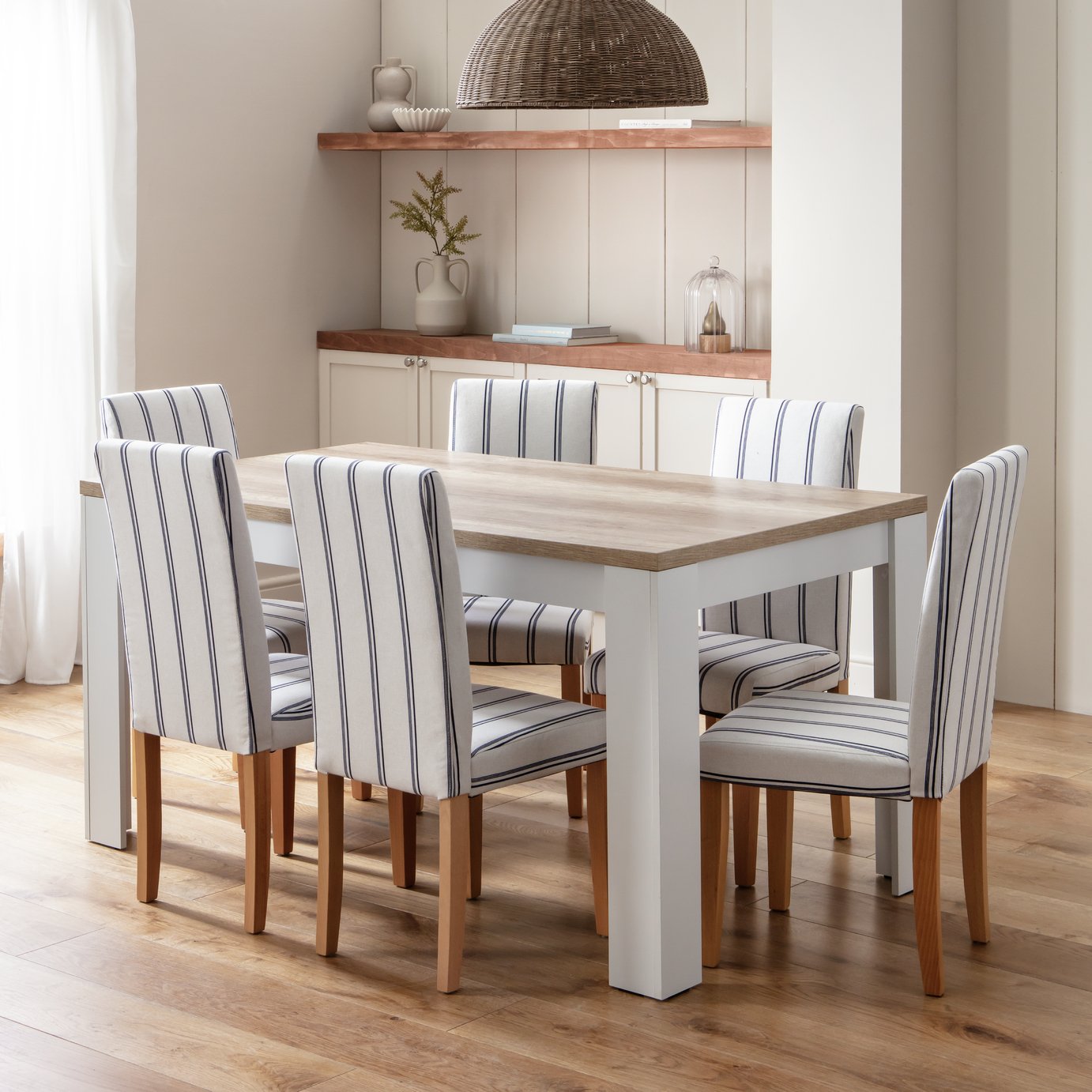 Argos Home Preston Grey Oak Dining Table & 6 White Chairs