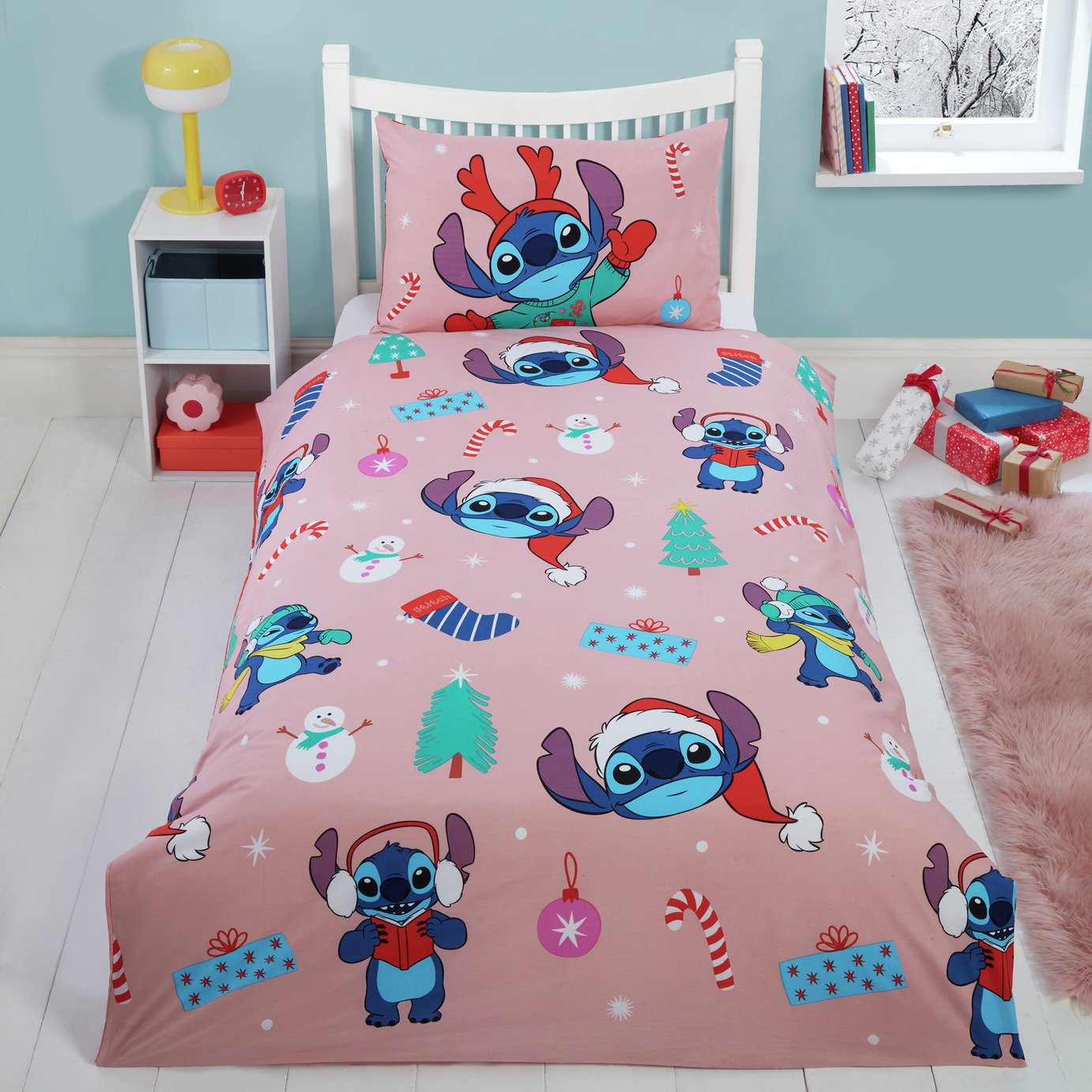 Disney Stitch Christmas Pink Kids Bedding Set